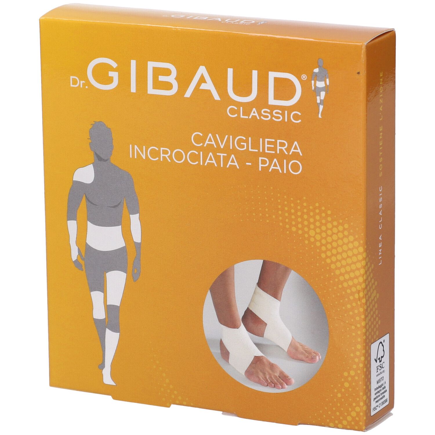 Confezione Cavigliera Incrociata Gibaud Classic. Immagine del prodotto e illustrazioni. Certificazione FSC.