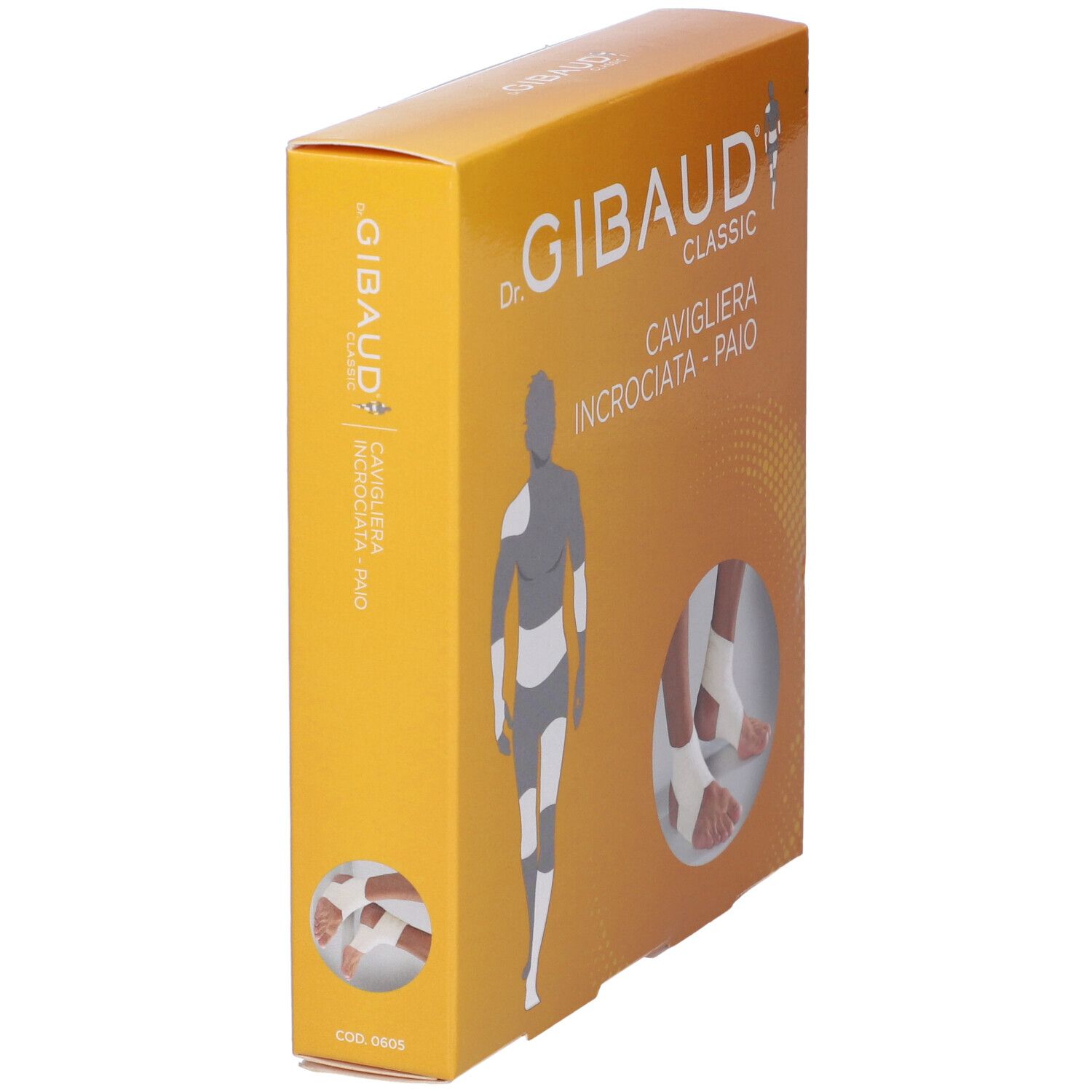 Scatola gialla Cavigliera Incrociata Gibaud Classic. Immagine del prodotto e testo. Codice 0603.