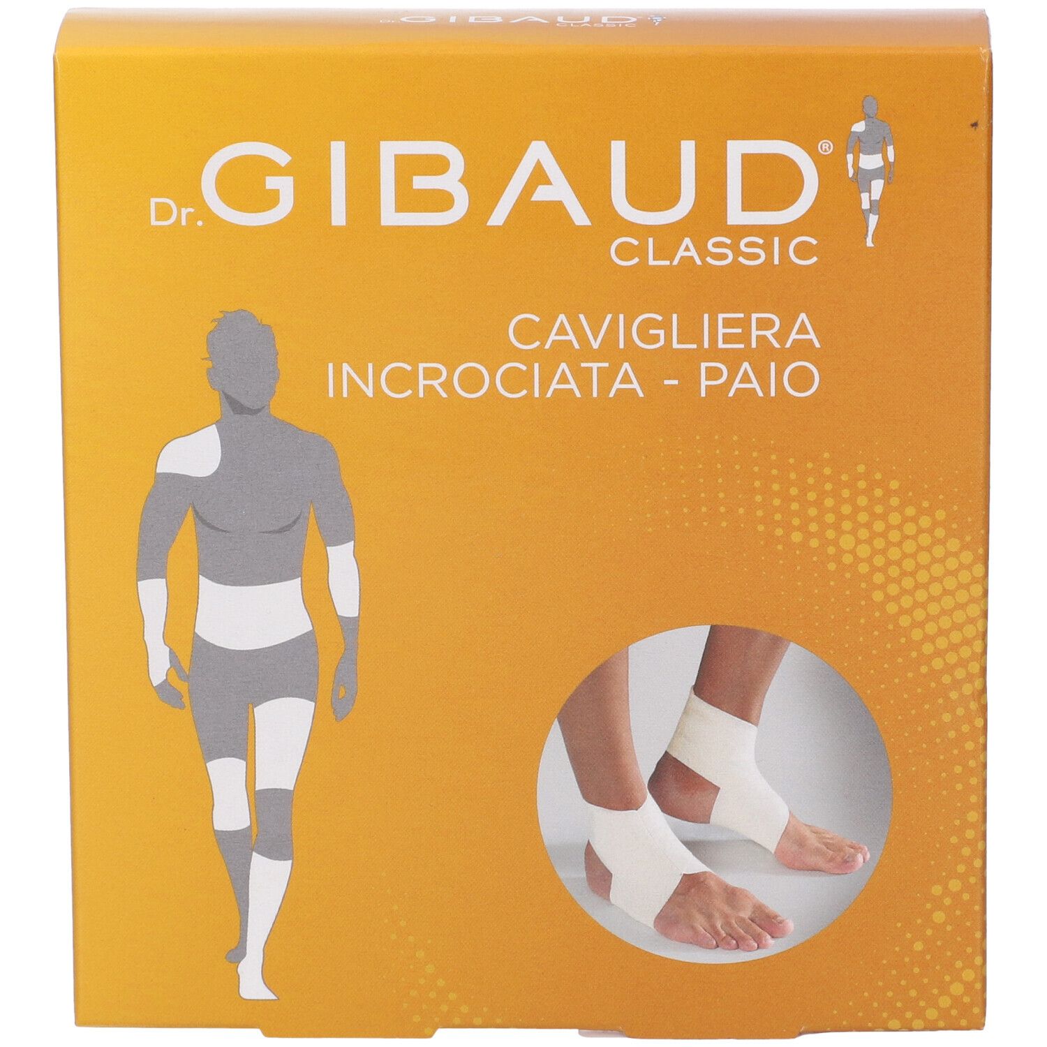 Confezione Cavigliera Incrociata Gibaud Classic. Immagine del prodotto e illustrazioni. Logo Dr. Gibaud Classic.