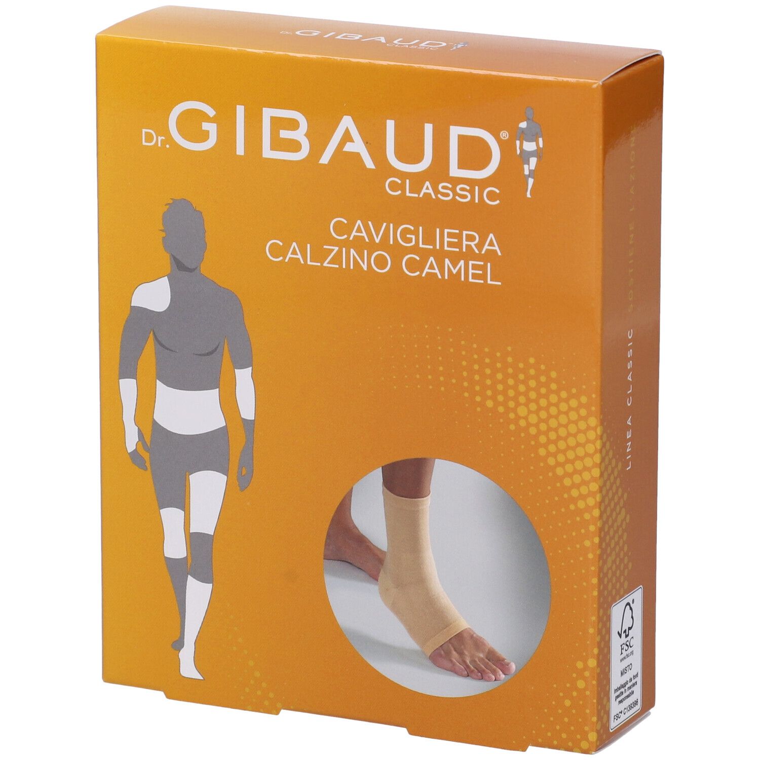 Confezione con cavigliera. Scritta: Dr. Gibaud Classic, Cavigliera Calzino Camel. Immagine di un piede.
