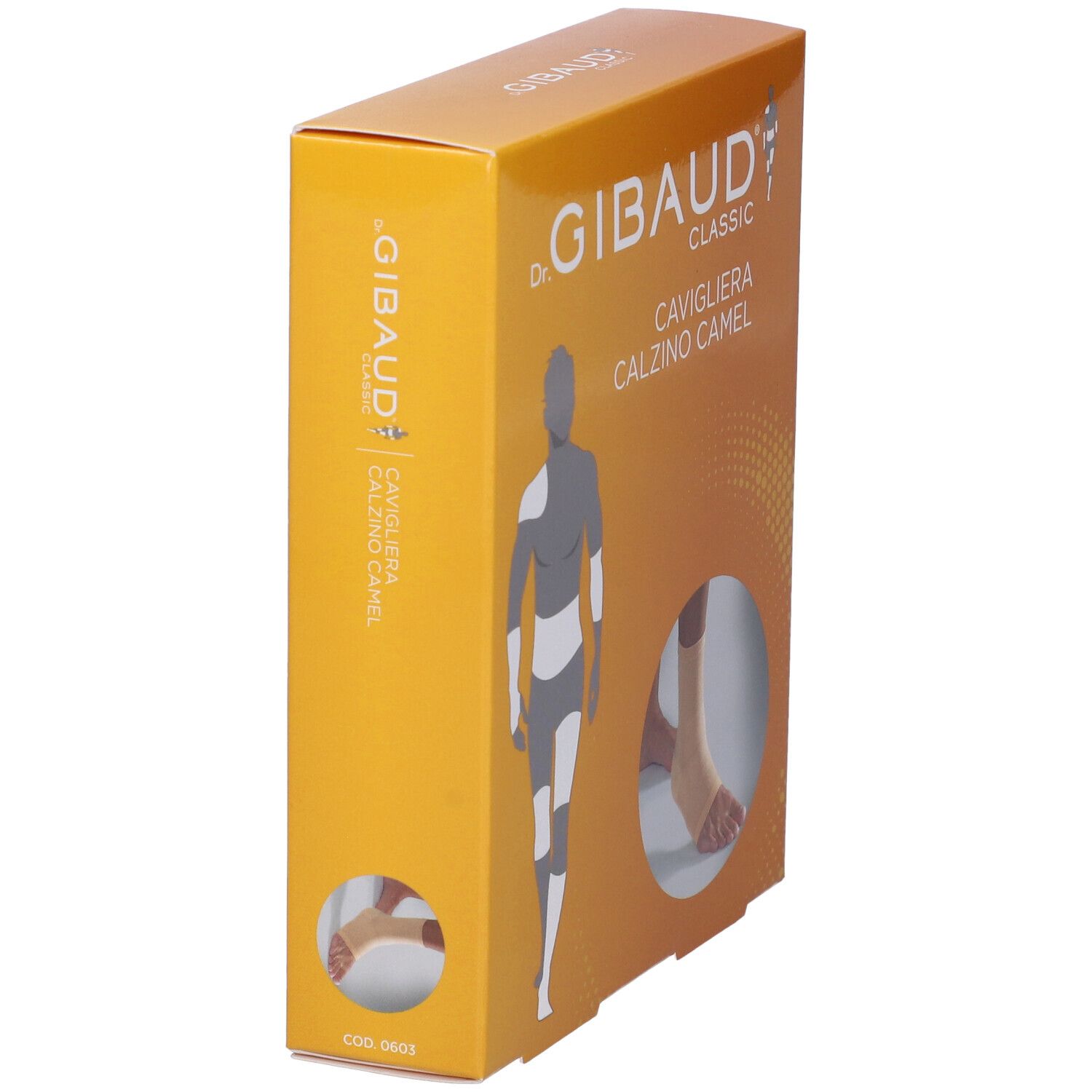 Confezione, vista laterale. Scritta: Dr. Gibaud Classic, Cavigliera Calzino Camel. Immagine di un piede.