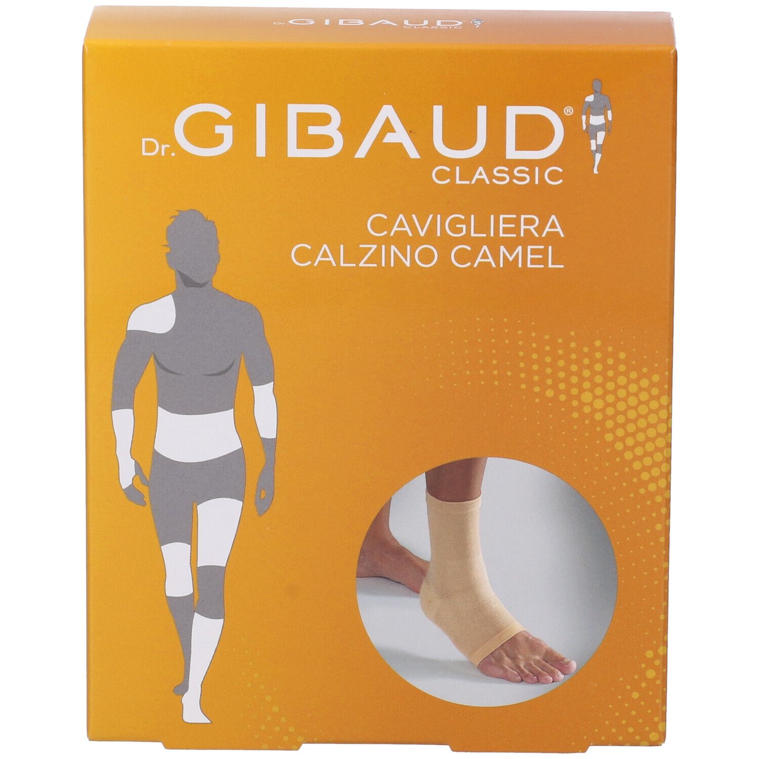 Confezione con cavigliera. Scritta: Dr. Gibaud Classic, Cavigliera Calzino Camel. Immagine di un piede.