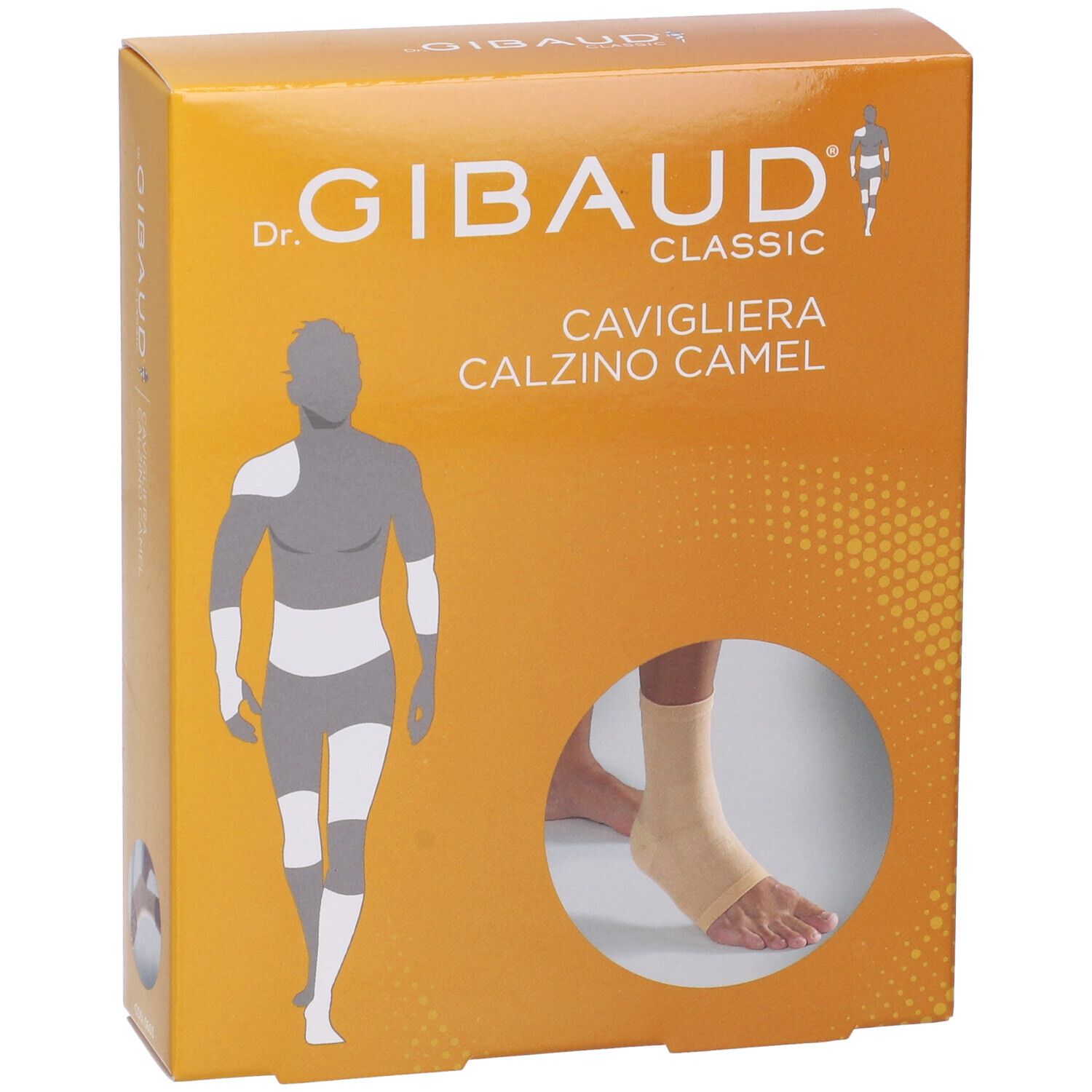 Confezione con cavigliera. Scritta: Dr. Gibaud Classic, Cavigliera Calzino Camel. Immagine di un piede.