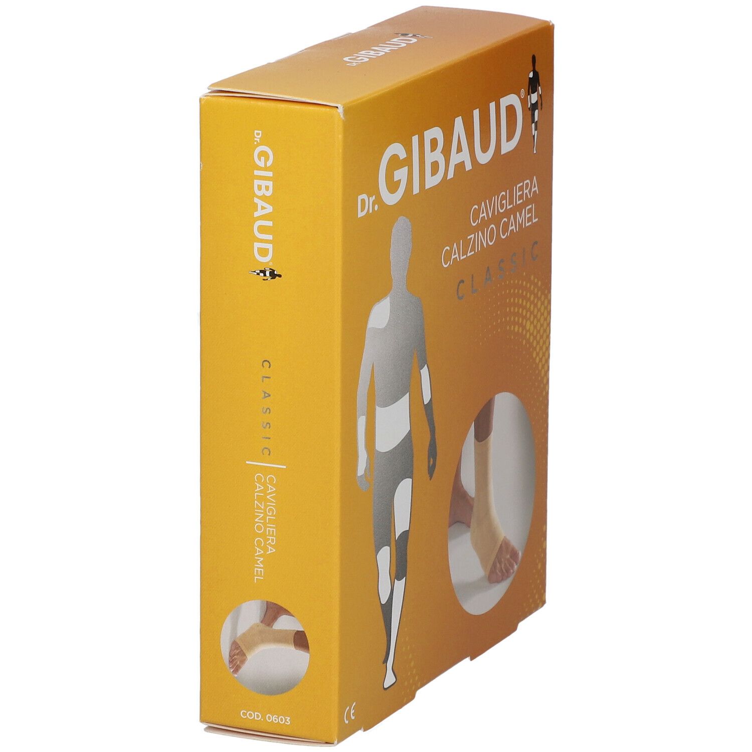 Dr. Gibaud Cavigliera Calzino Camel Classic Verpackung. Gelbe Schachtel, Seitenansicht. Produktabbildung und Text.