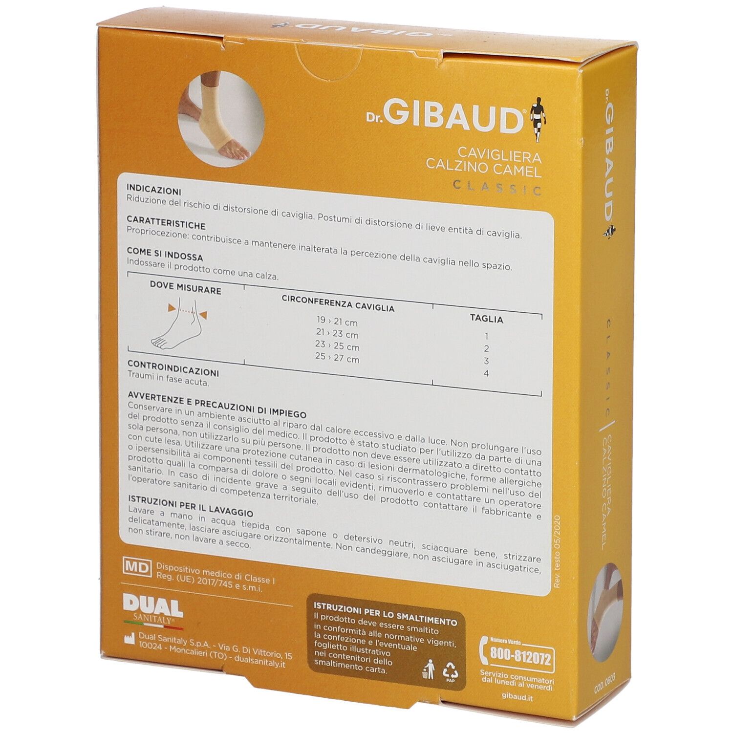 Rückseite der Dr. Gibaud Cavigliera Calzino Camel Classic Verpackung. Textinformationen, Größentabelle und Produktabbildung.