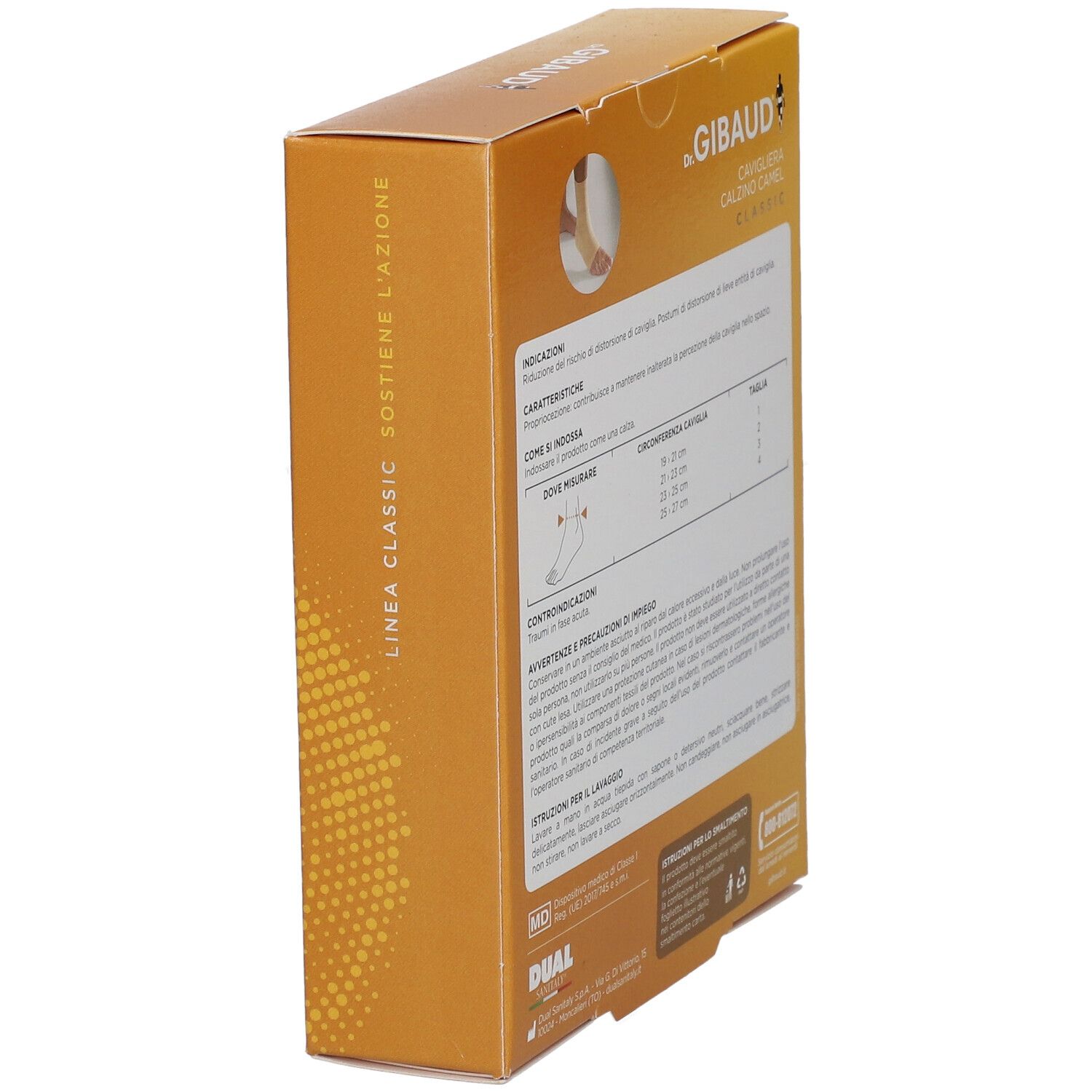 Dr. Gibaud Cavigliera Calzino Camel Classic Verpackung, Seitenansicht. Text und Produktabbildung.