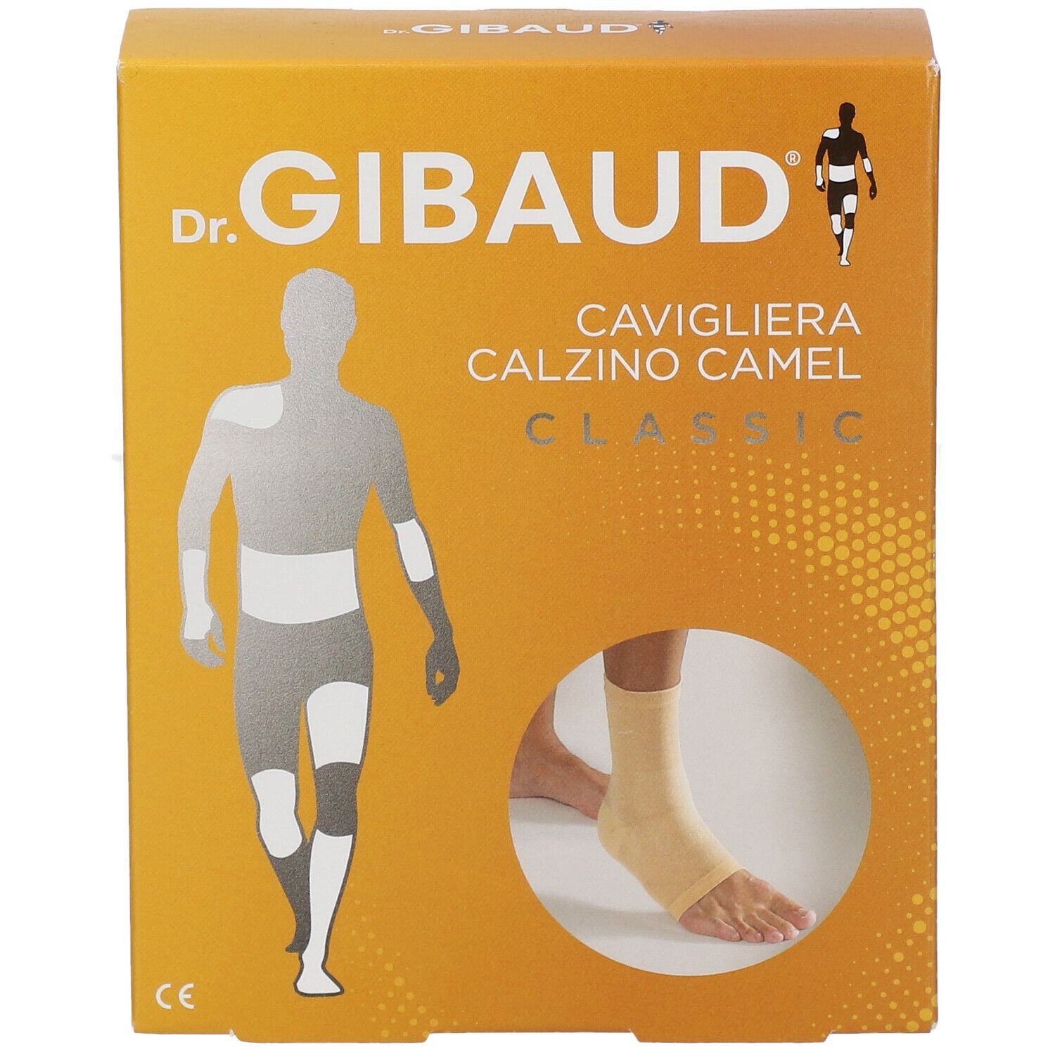 Dr. Gibaud Cavigliera Calzino Camel Classic Verpackung. Beige Knöchelbandage auf gelbem Karton. Illustration eines Körpers.