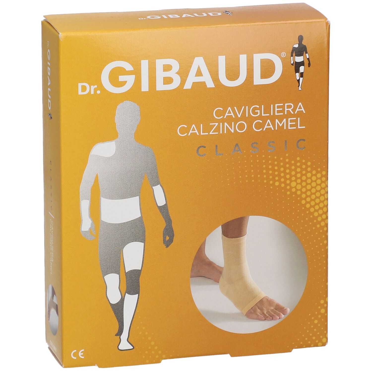 Dr. Gibaud Cavigliera Calzino Camel Classic Verpackung. Beige Knöchelbandage auf gelbem Karton. Illustration eines Körpers.