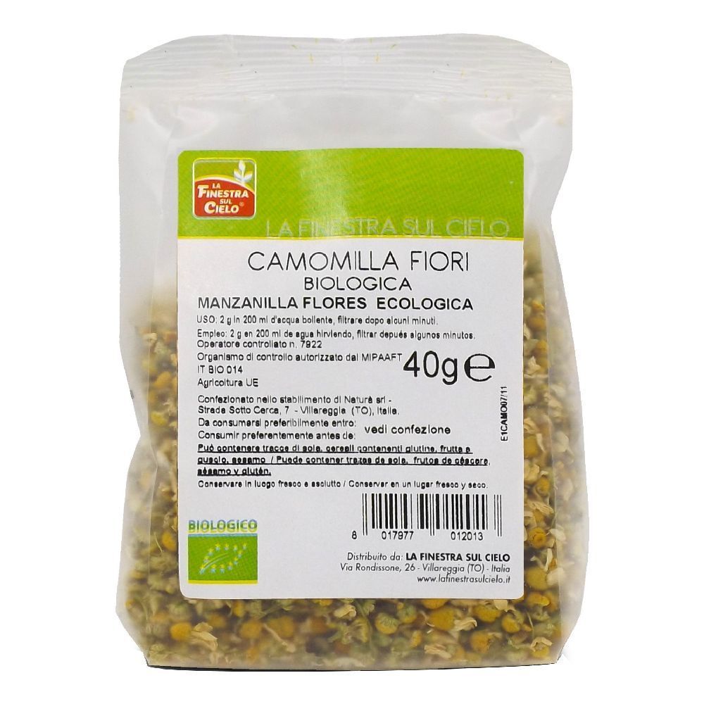 Busta di fiori di camomilla. Scritta: Camomilla Fiori Interi Bio, 40g. Certificazione biologica. Confezione trasparente.