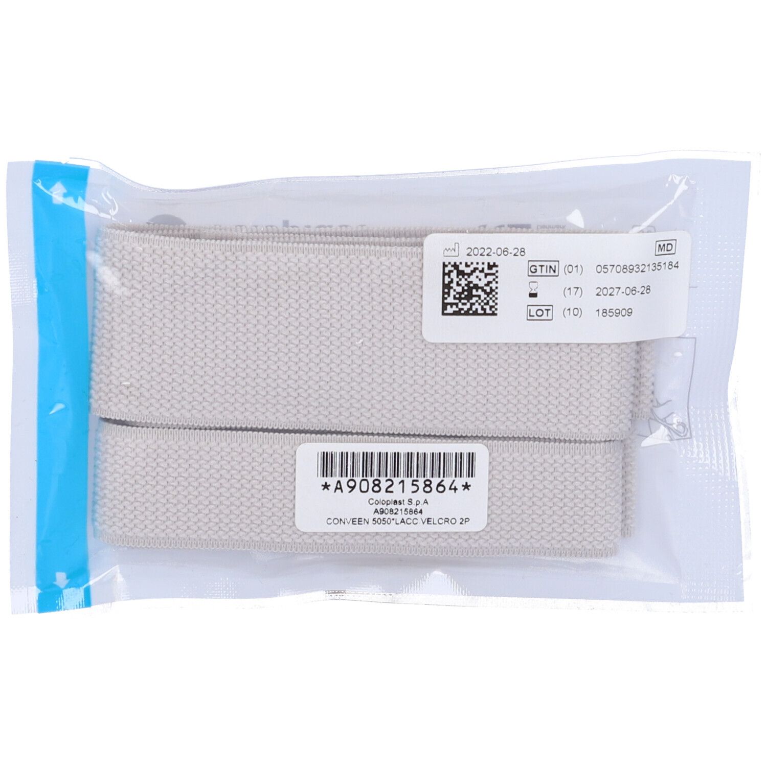 Due fasce tessili beige in confezione trasparente. Etichette con codice a barre e testo.