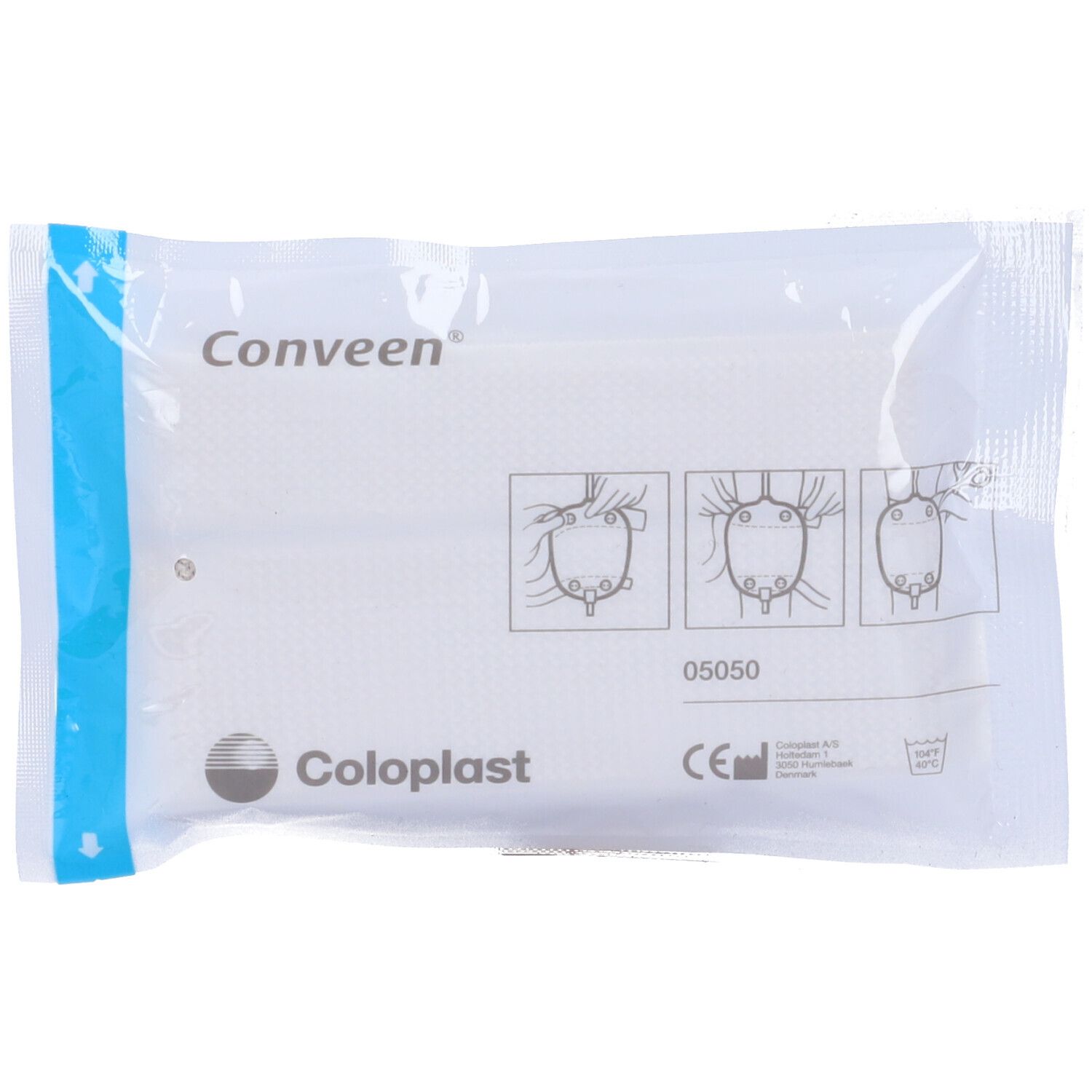Confezione con due fasce tessili bianche. Loghi 'Conveen' e 'Coloplast'. Pittogrammi.
