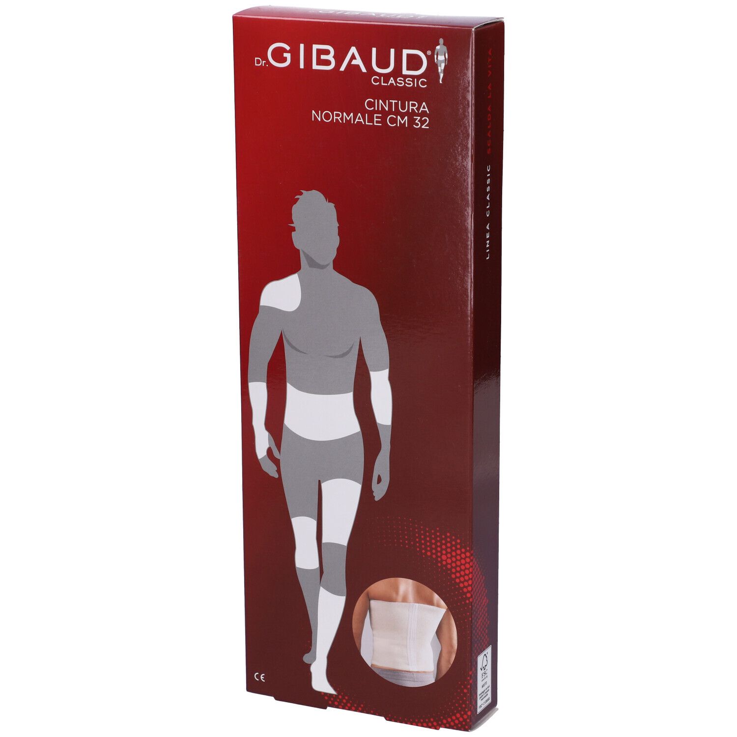 Confezione con immagine del prodotto. Sfondo rosso. Testo: Dr. Gibaud Classic, Cintura Normale CM 32.