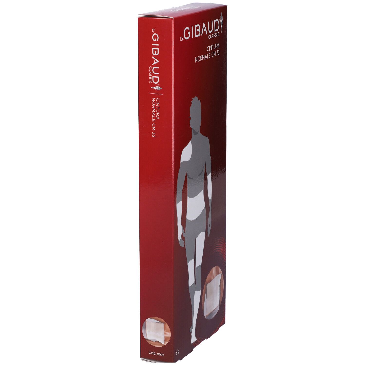Confezione rossa stretta. Testo: Dr. Gibaud Classic, Cintura Normale CM 32. Immagine del prodotto in basso a destra.