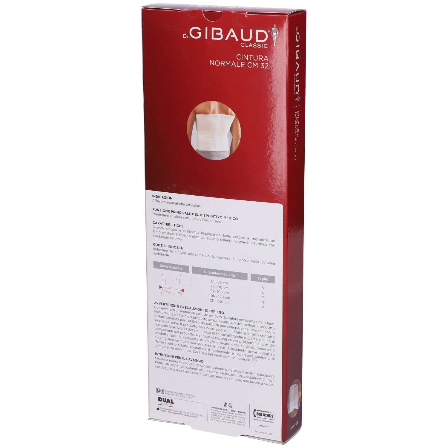 Confezione rossa, retro. Testo: Dr. Gibaud Classic, Cintura Normale CM 32. Informazioni sul prodotto.