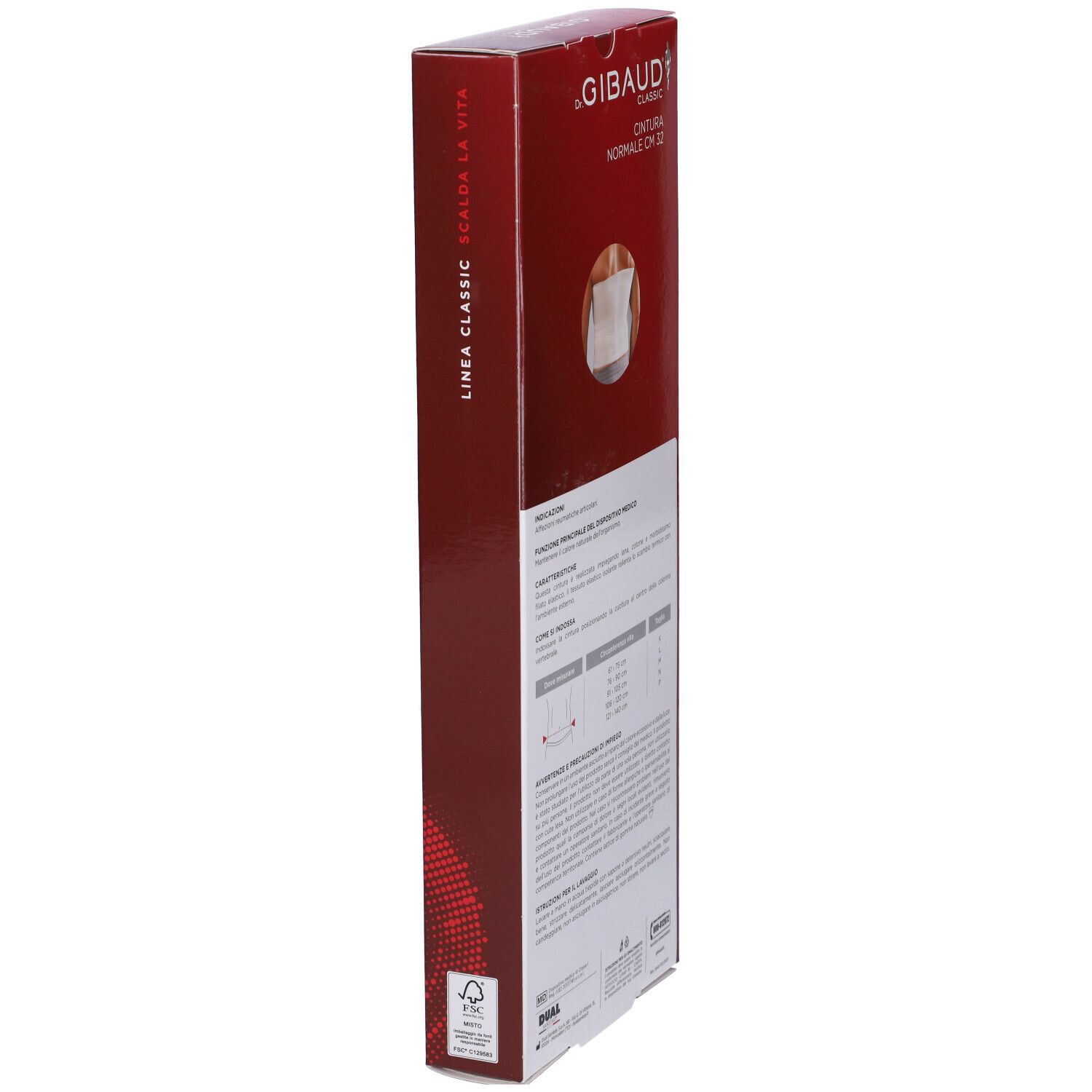 Confezione rossa stretta. Testo: Dr. Gibaud Classic, Cintura Normale CM 32. Informazioni sul prodotto sul lato.