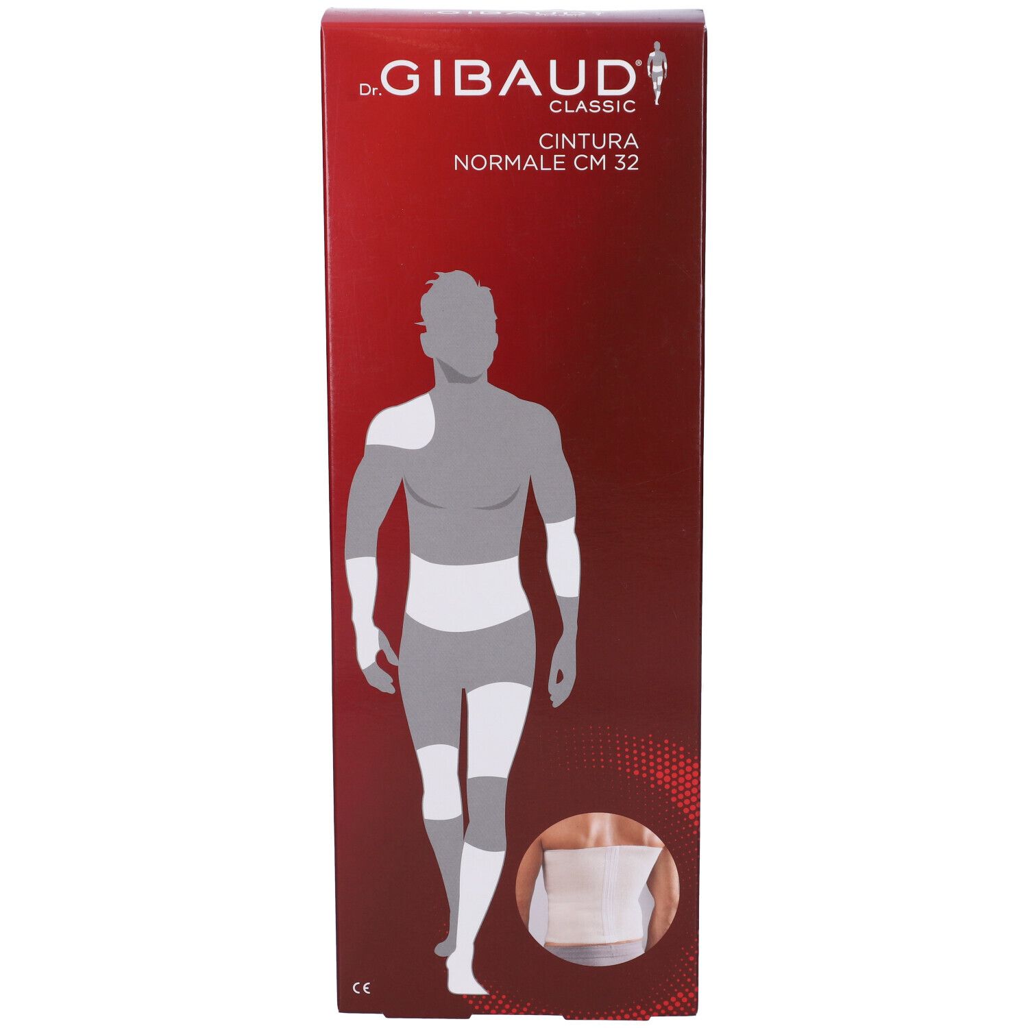 Confezione con immagine del prodotto. Sfondo rosso. Testo: Dr. Gibaud Classic, Cintura Normale CM 32.