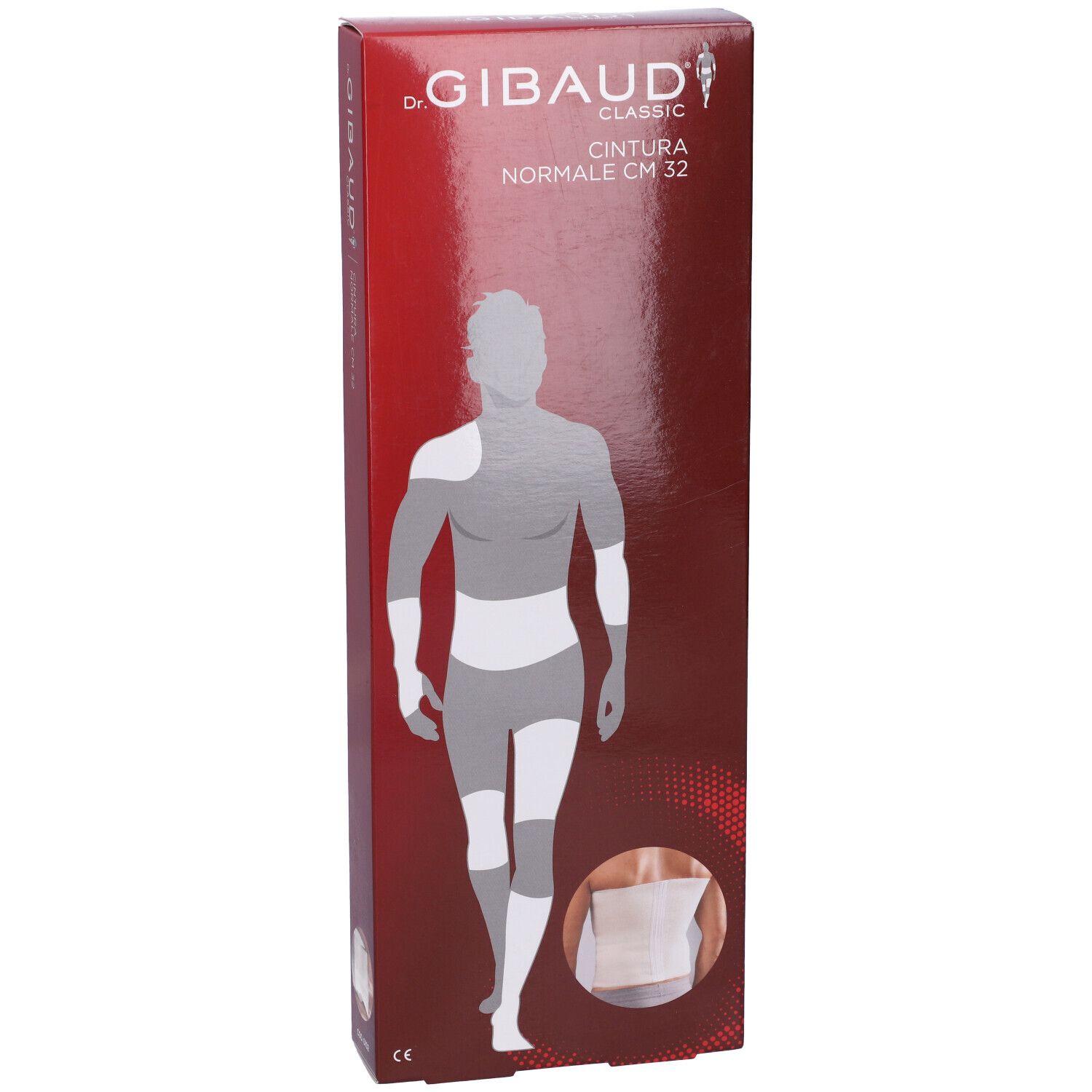 Confezione con immagine del prodotto. Sfondo rosso. Testo: Dr. Gibaud Classic, Cintura Normale CM 32.