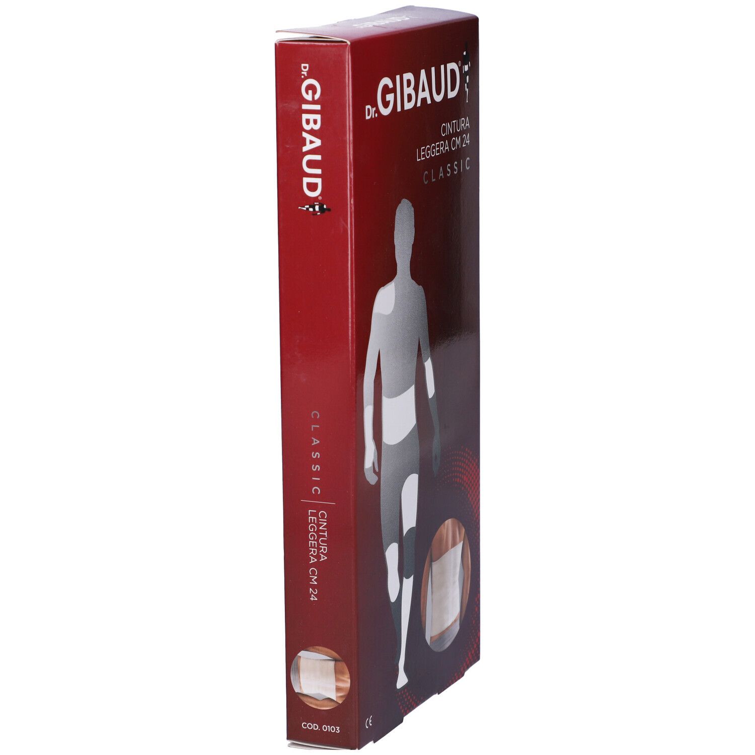 Confezione Dr. Gibaud. Vista laterale. Nome del prodotto e rappresentazione schematica.
