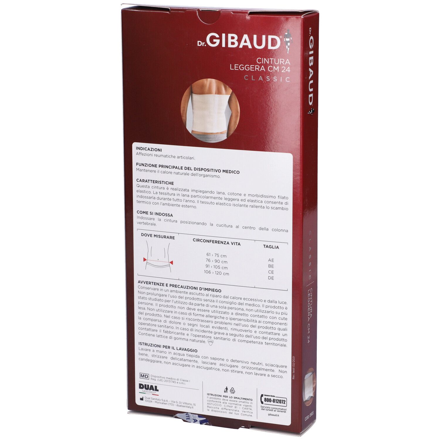Retro della confezione Dr. Gibaud. Informazioni sul prodotto e tabella delle taglie.