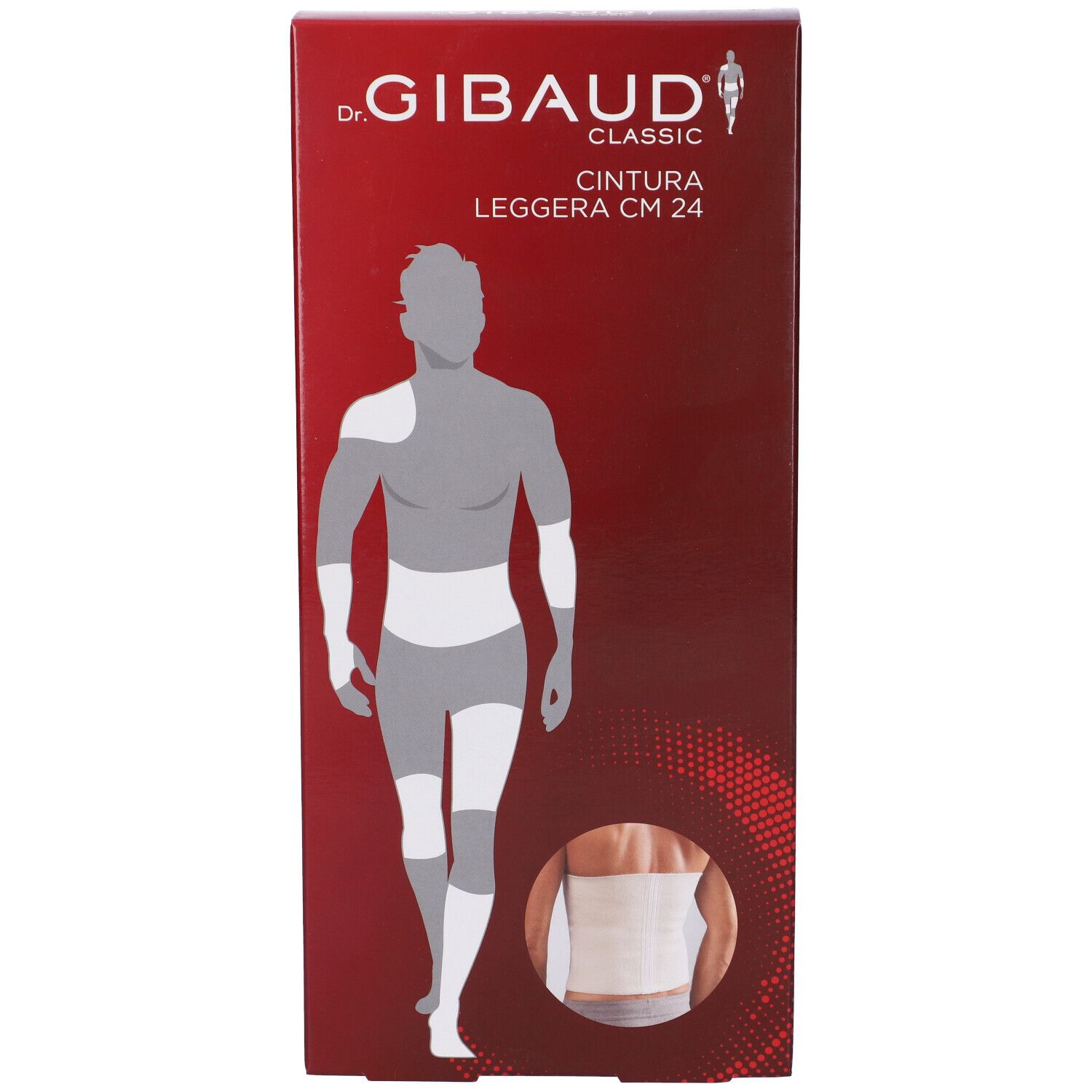 Verpackung für eine leichte GIBaud-Bauchbinde, 24 cm.