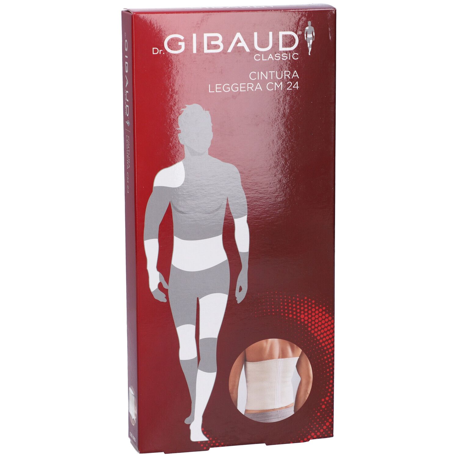 Verpackung für eine leichte GIBaud-Bauchbinde, 24 cm.