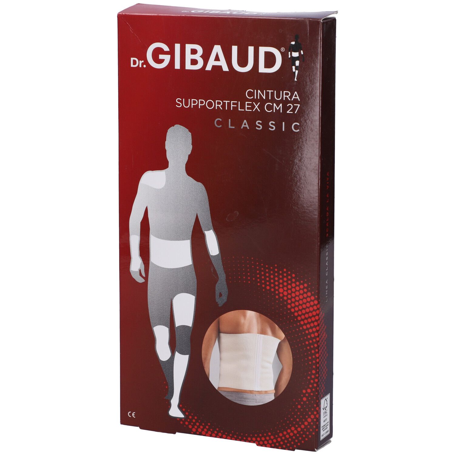 Confezione di Dr. Gibaud Supportflex CM 27 Classic. Immagine del prodotto e di una persona.