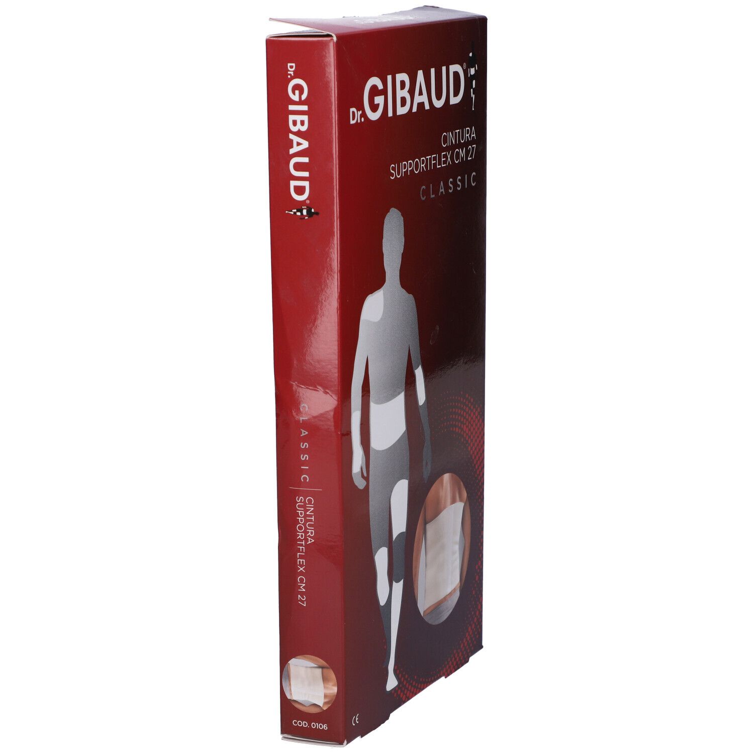 Confezione di Dr. Gibaud Supportflex CM 27 Classic. Confezione rossa, vista laterale.