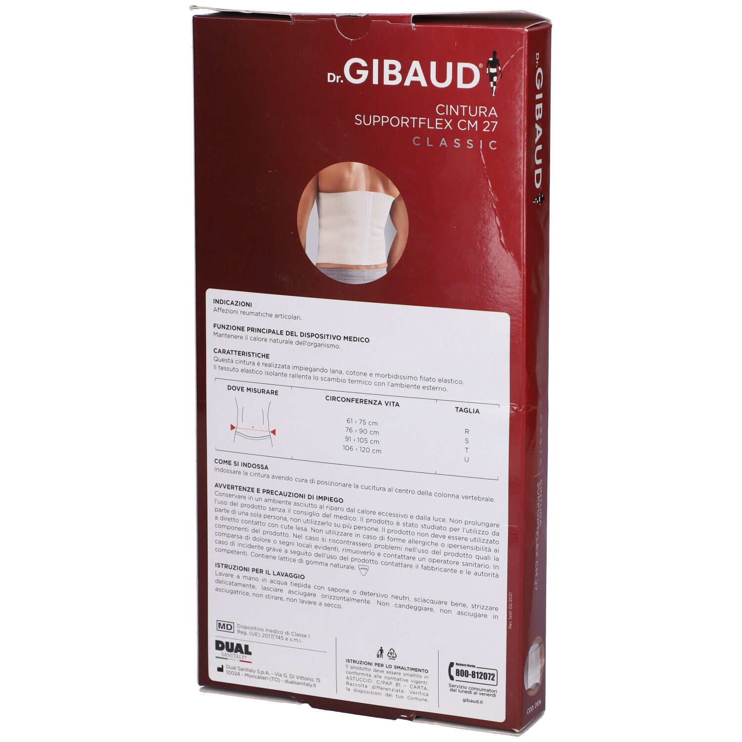Retro della confezione di Dr. Gibaud Supportflex CM 27 Classic. Testo e illustrazioni.