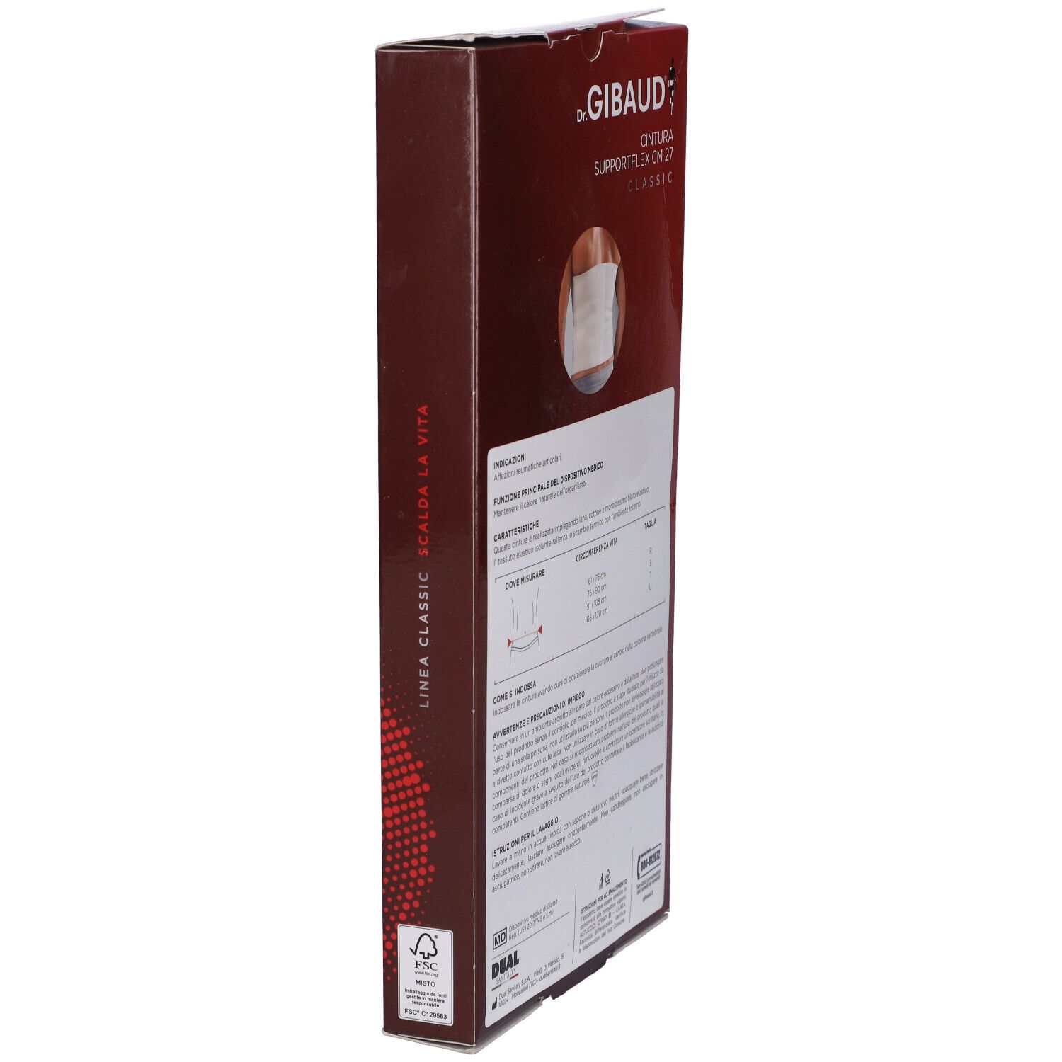 Vista laterale della confezione di Dr. Gibaud Supportflex CM 27 Classic. Testo e logo.