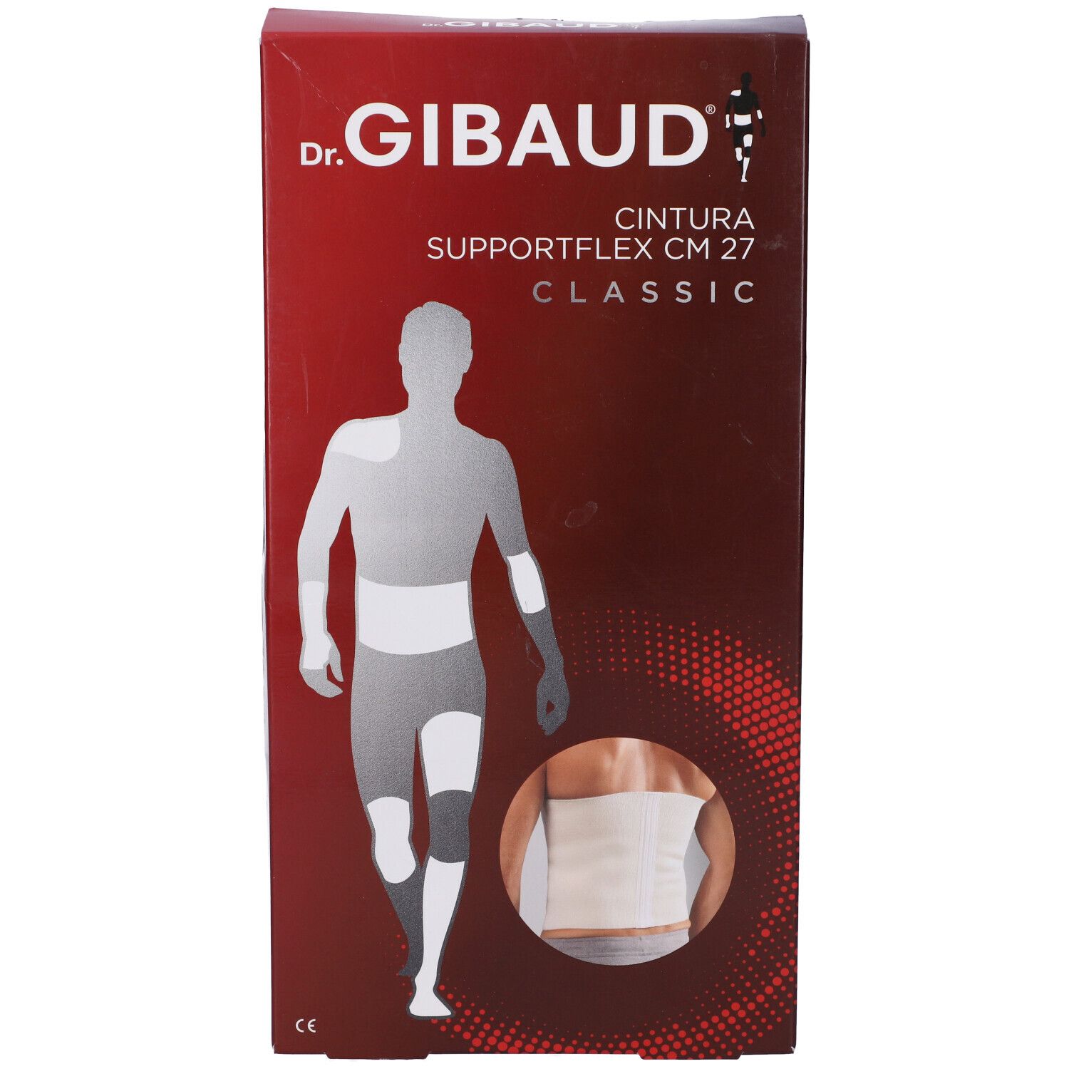 Confezione di Dr. Gibaud Supportflex CM 27 Classic. Immagine del prodotto e di una persona.