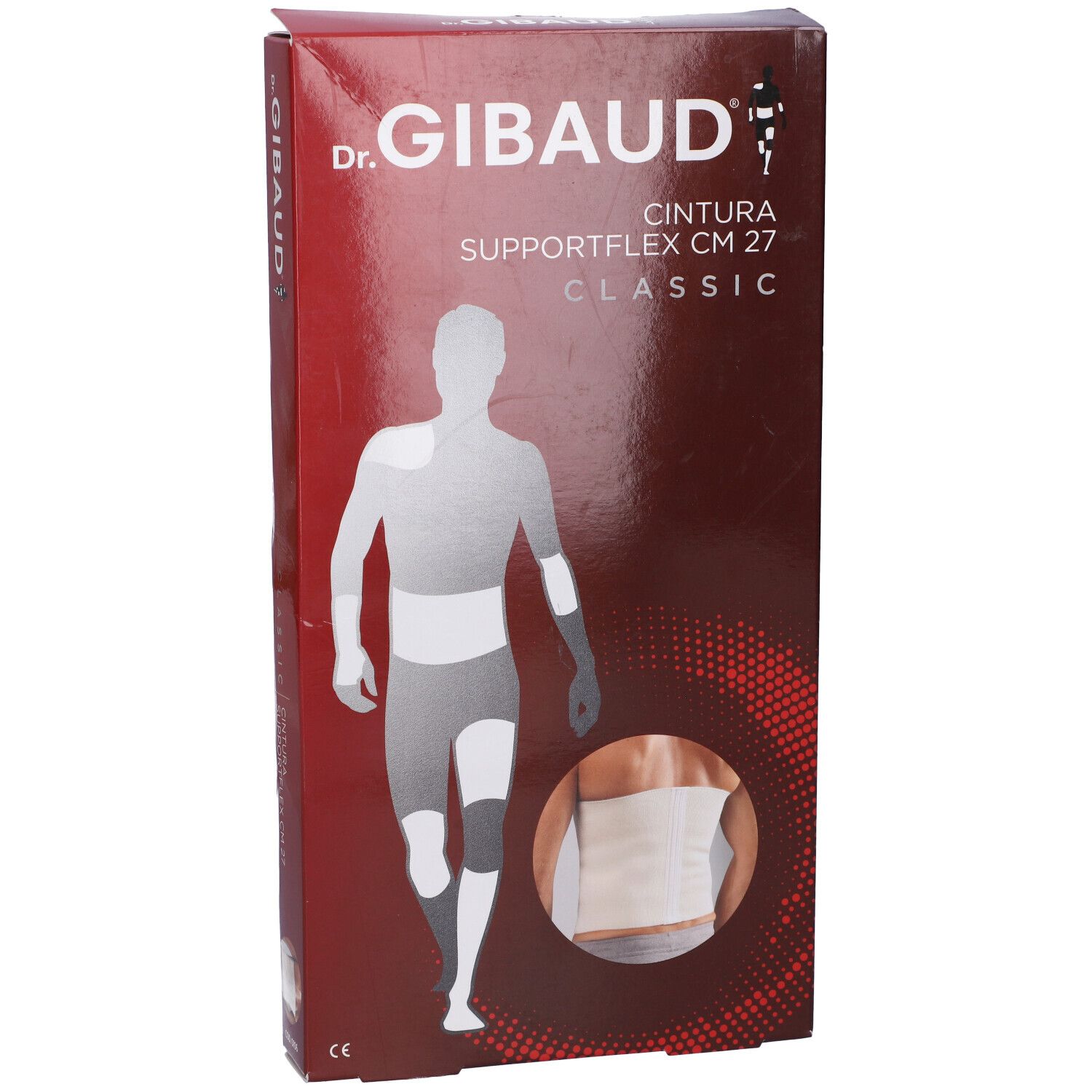 Confezione di Dr. Gibaud Supportflex CM 27 Classic. Immagine del prodotto e di una persona.