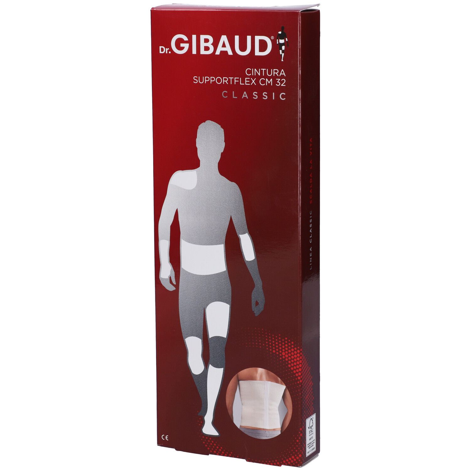 Confezione di Dr. Gibaud Supportflex CM 32 Classic. Scatola rossa con immagine del prodotto e logo.