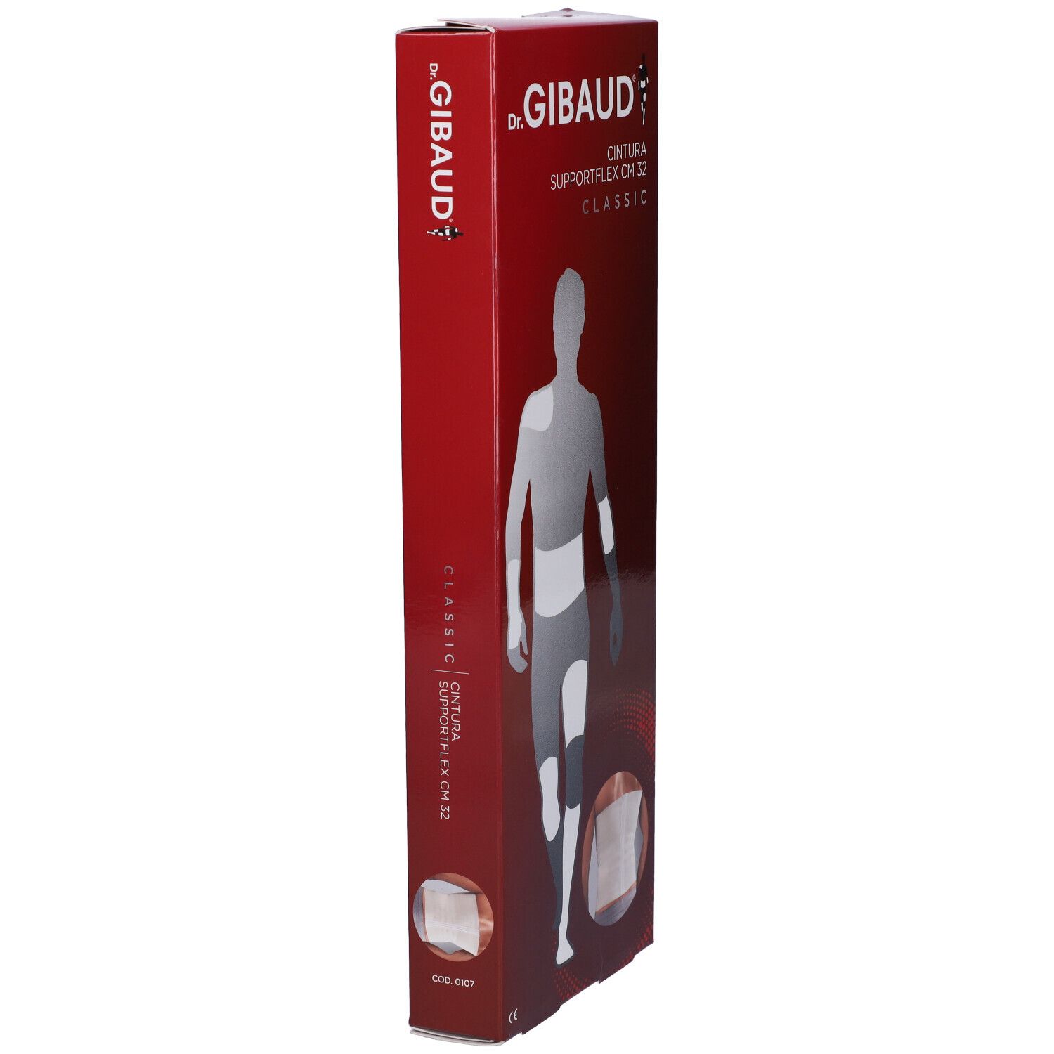 Confezione rossa di Dr. Gibaud Supportflex CM 32 Classic. Vista laterale con immagine del prodotto e logo.