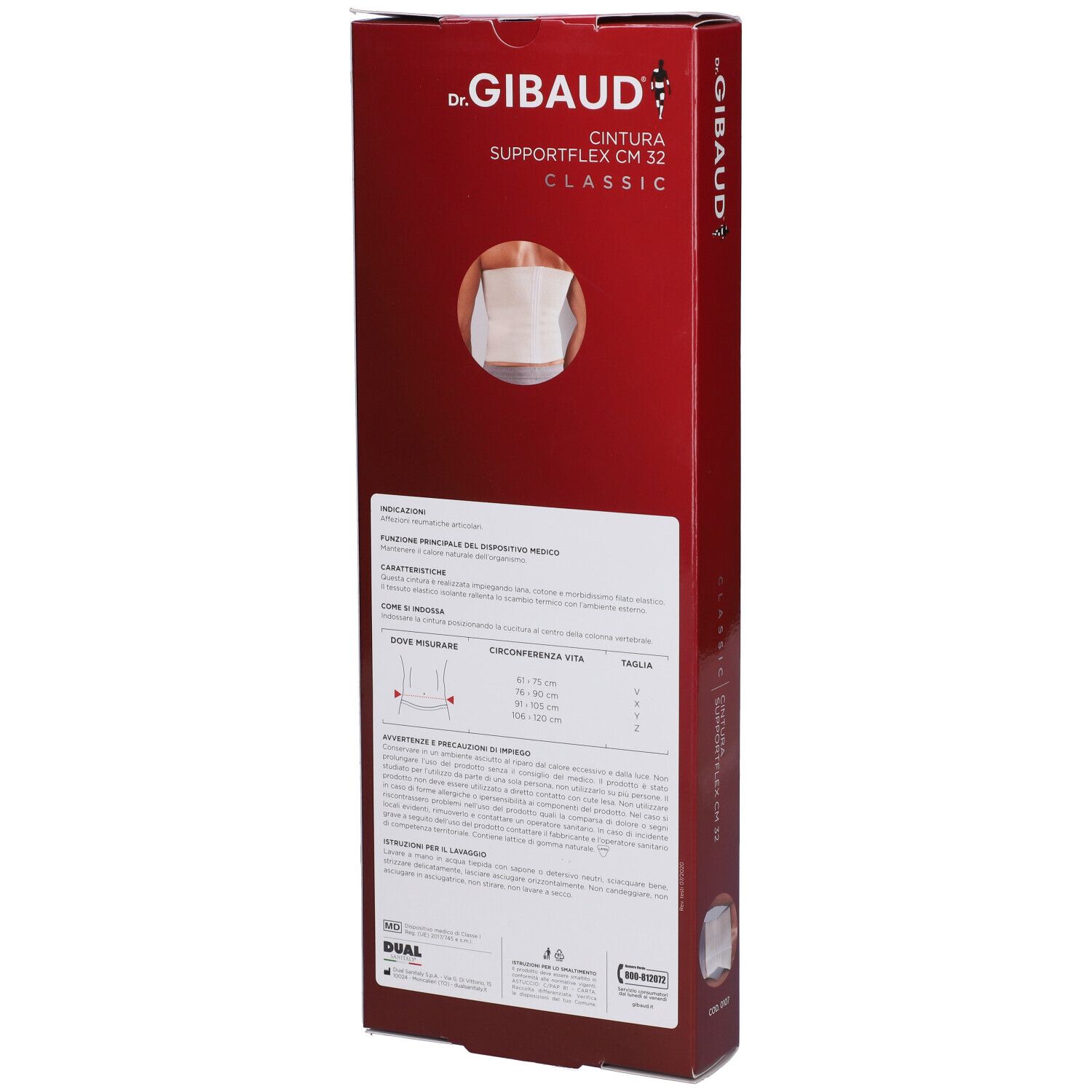 Retro della confezione di Dr. Gibaud Supportflex CM 32 Classic. Testo e immagine del prodotto.