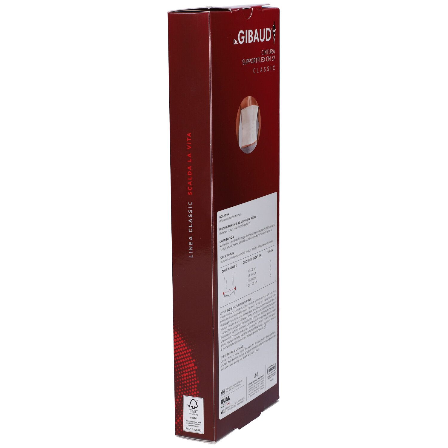 Vista laterale della confezione di Dr. Gibaud Supportflex CM 32 Classic. Testo e logo.