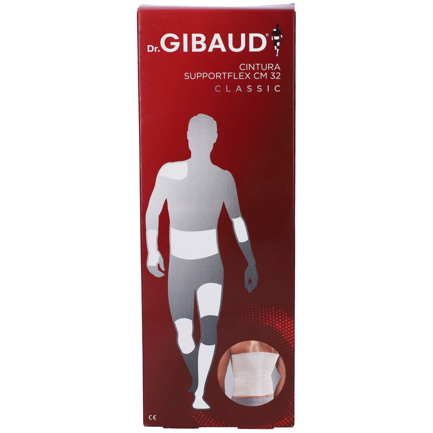 Confezione di Dr. Gibaud Supportflex CM 32 Classic. Scatola rossa con immagine del prodotto e logo.