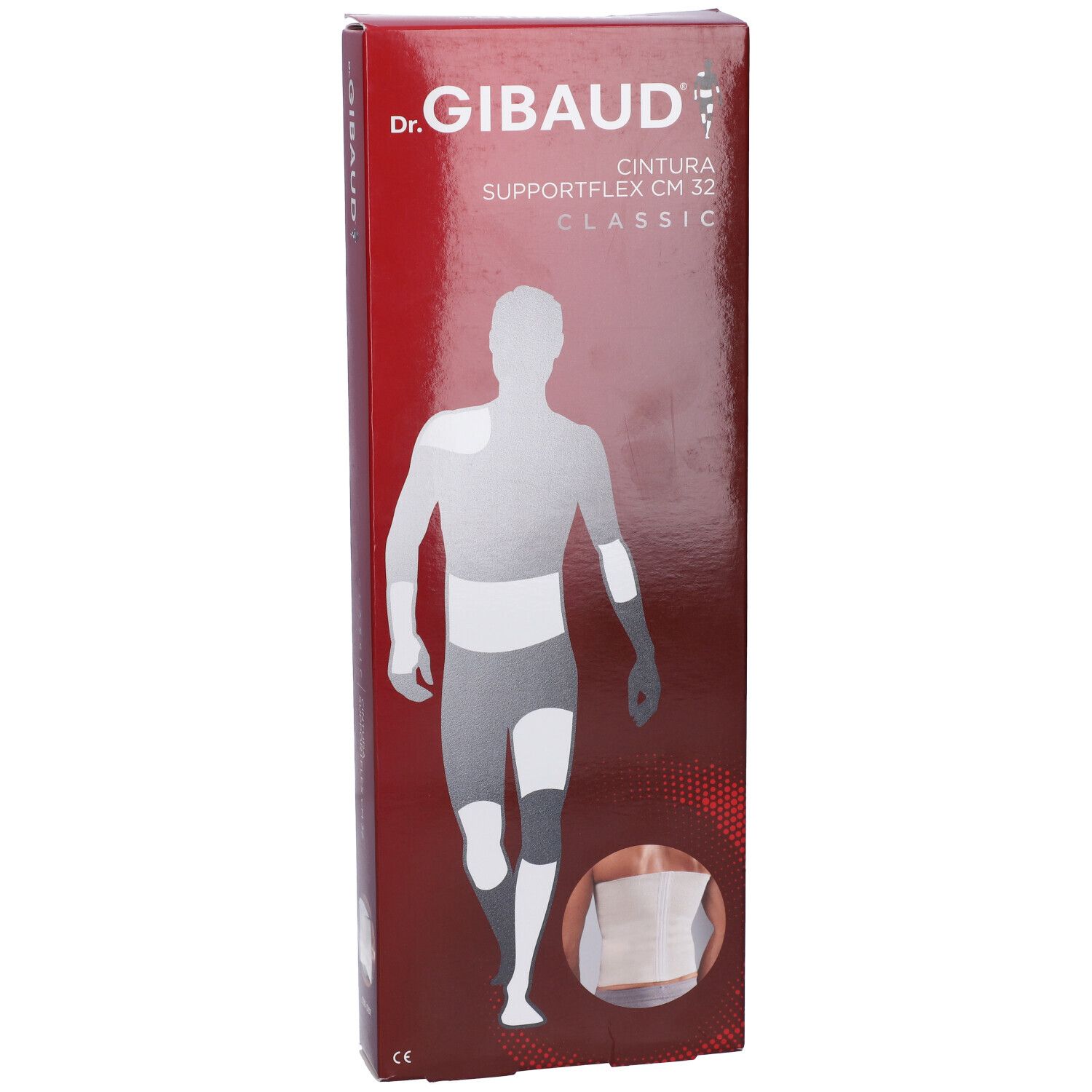 Confezione di Dr. Gibaud Supportflex CM 32 Classic. Scatola rossa con immagine del prodotto e logo.