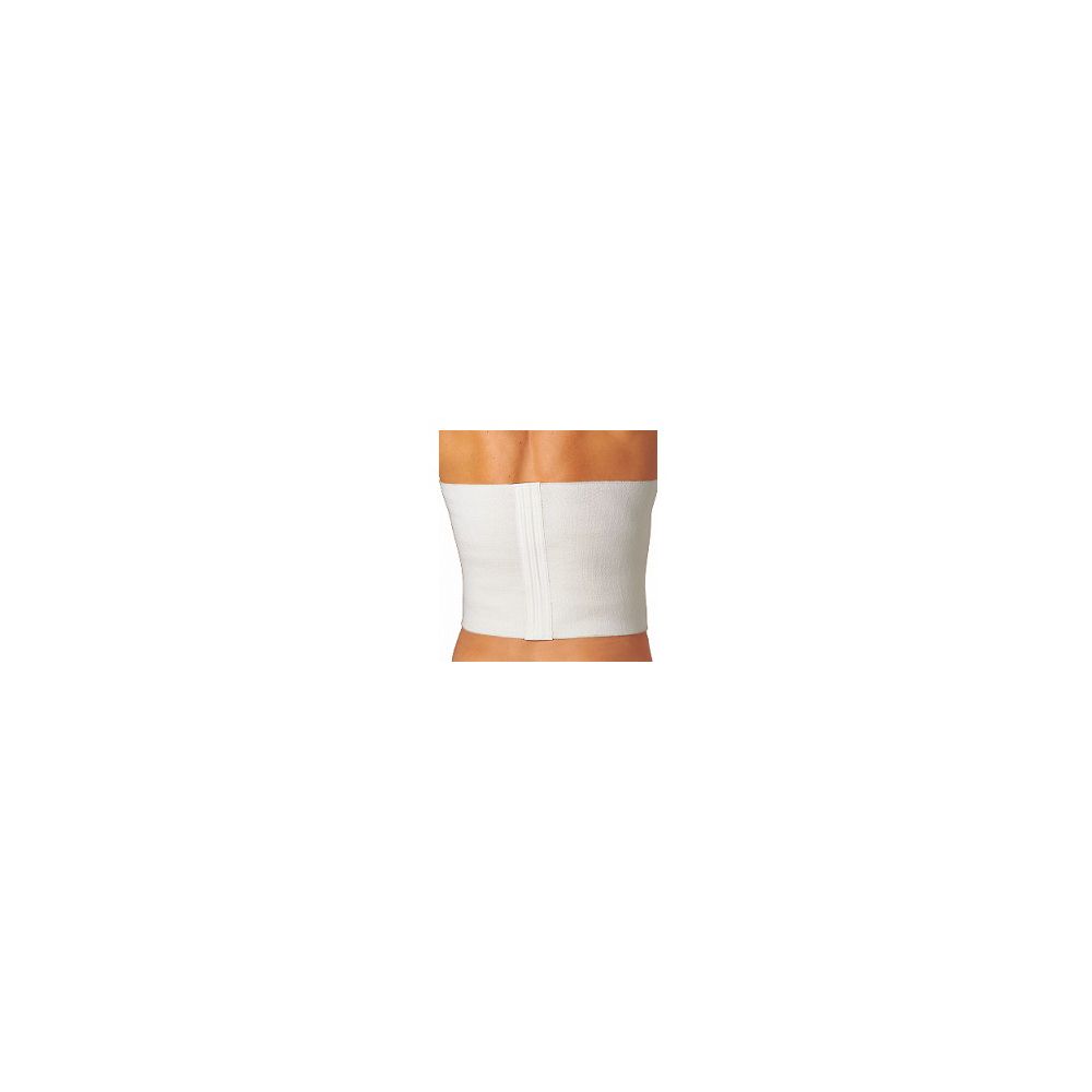 Fascia addominale elastica bianca. Chiusura con zip verticale. Indossata sul corpo.