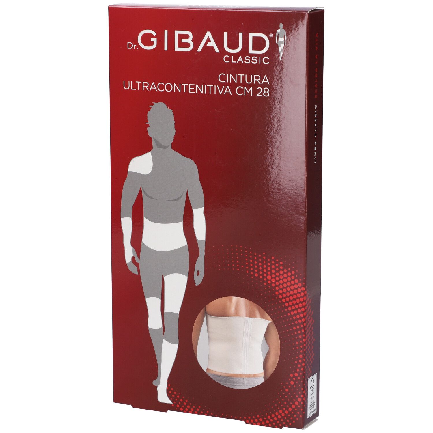 Verpackung der Cintura Elastica Ultracontenitiva CM 28. Marke: Dr. Gibaud. Abbildung eines Mannes mit Bandage.