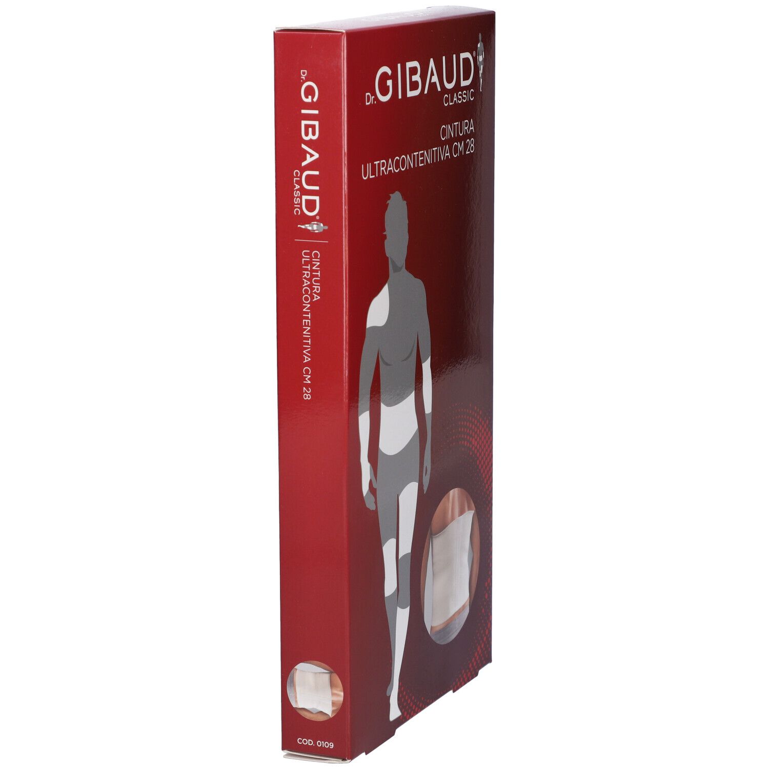 Seitenansicht der Verpackung der Cintura Elastica Ultracontenitiva CM 28. Marke: Dr. Gibaud.