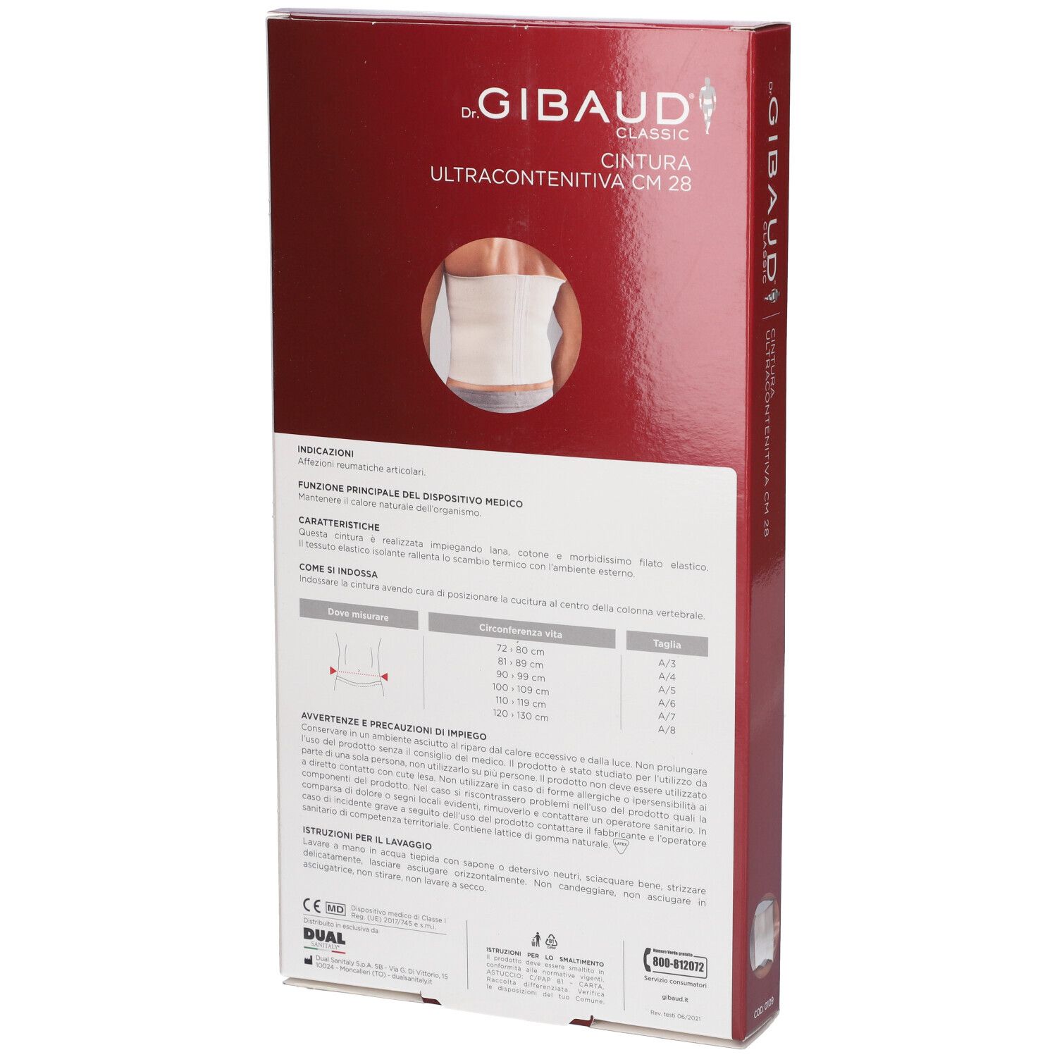 Rückseite der Verpackung der Cintura Elastica Ultracontenitiva CM 28. Informationen und Größentabelle.