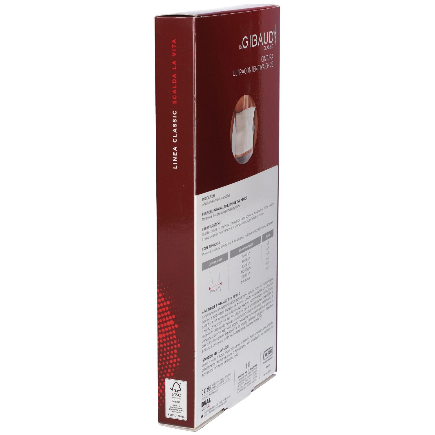 Seitenansicht der Verpackung der Cintura Elastica Ultracontenitiva CM 28. Text: Linea Classic Scalda la Vita.