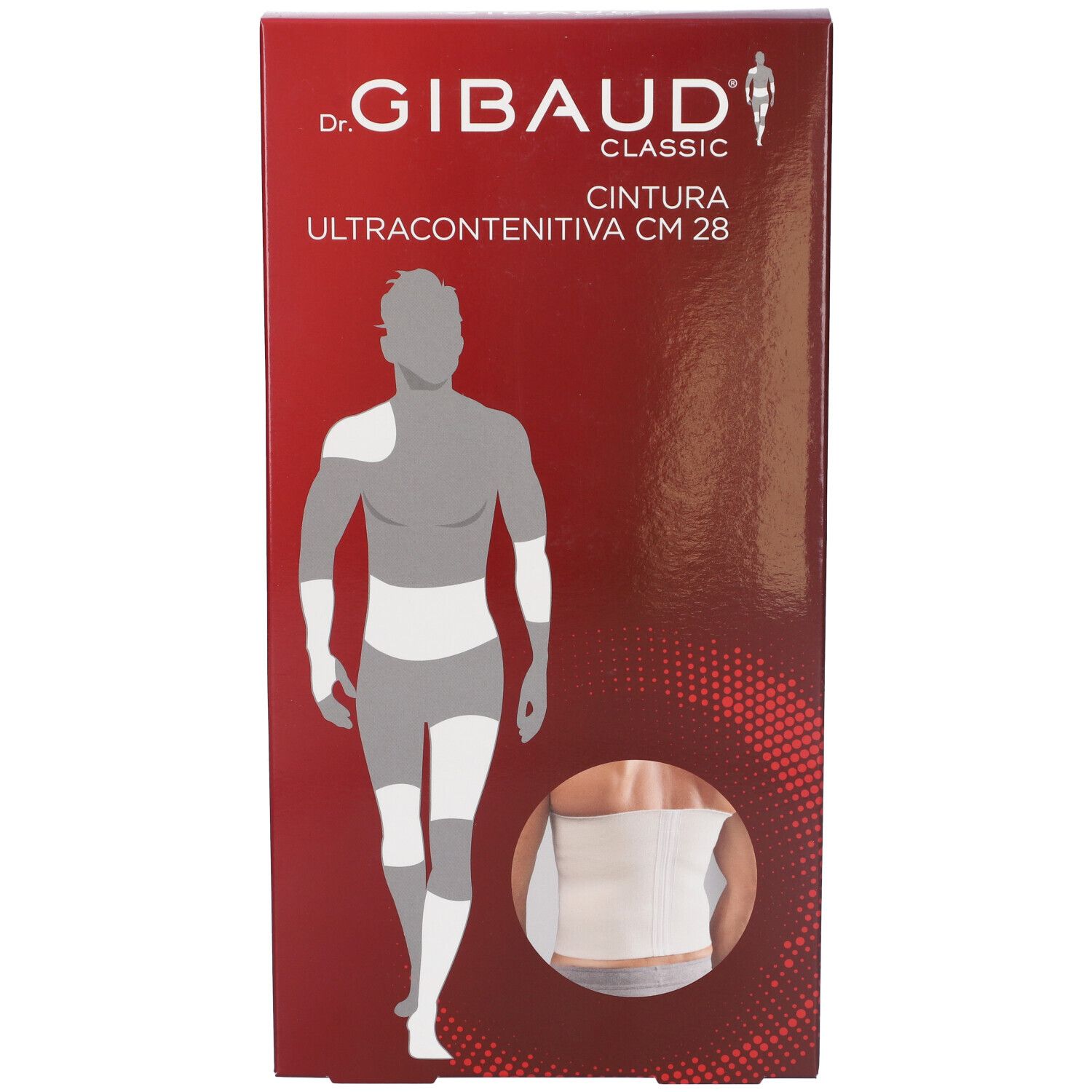 Verpackung der Cintura Elastica Ultracontenitiva CM 28. Marke: Dr. Gibaud. Abbildung eines Mannes mit Bandage.