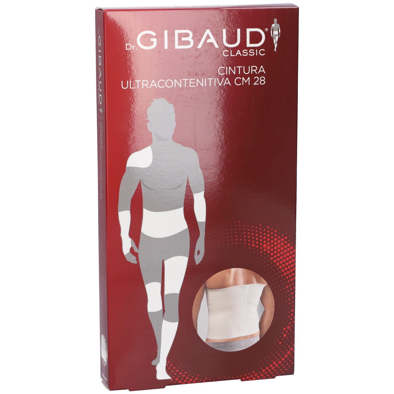 Verpackung der Cintura Elastica Ultracontenitiva CM 28. Marke: Dr. Gibaud. Abbildung eines Mannes mit Bandage.
