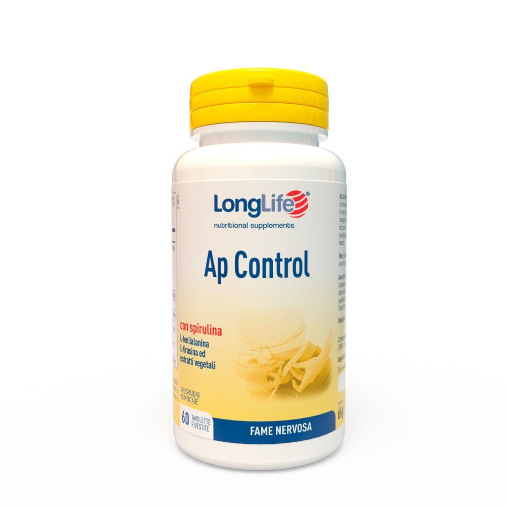 Flacone bianco di integratore con tappo giallo. Scritta: LongLife, Ap Control, 60 compresse.