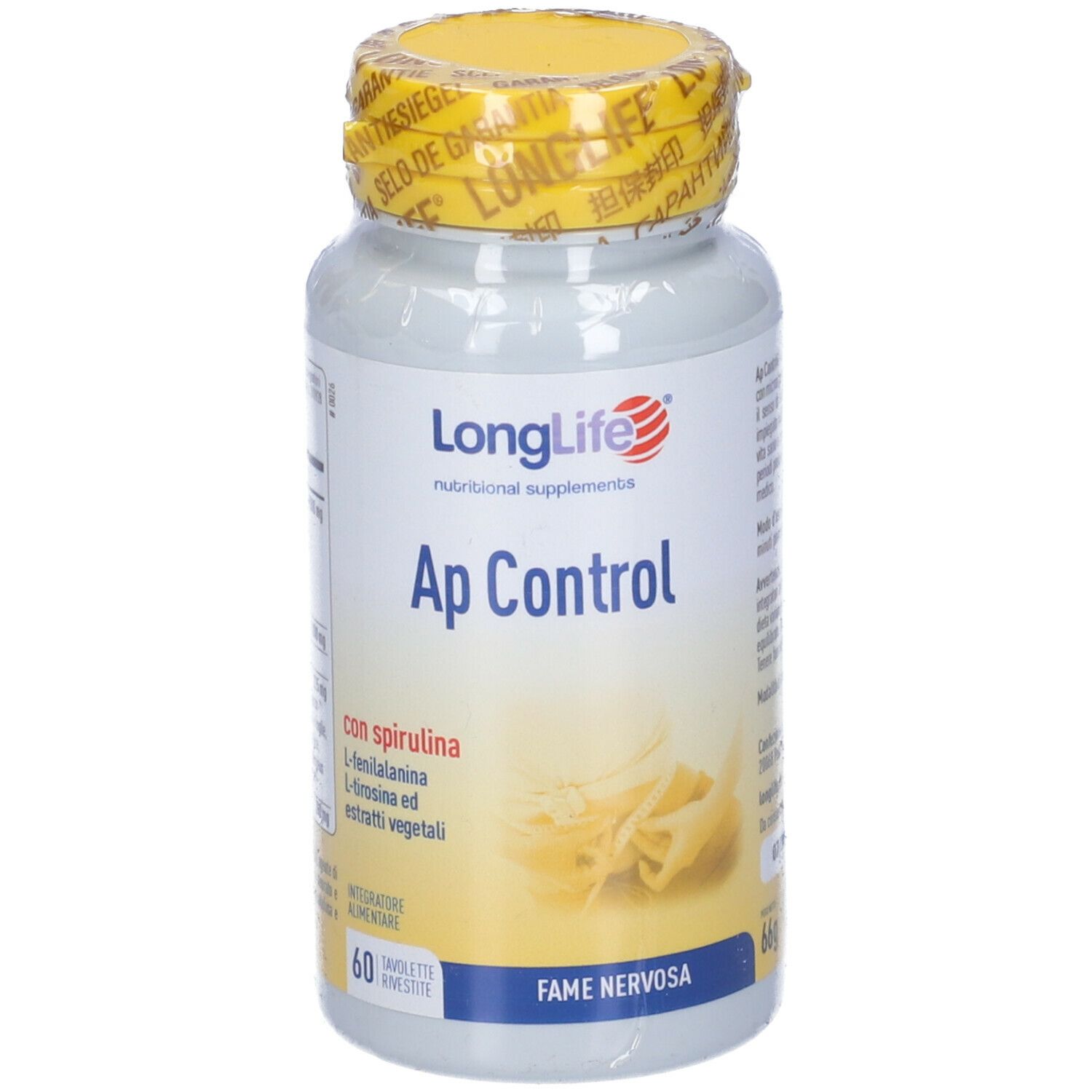 Flacone di integratore con tappo giallo. Scritta: LongLife, Ap Control, 60 compresse. Con sigillo.