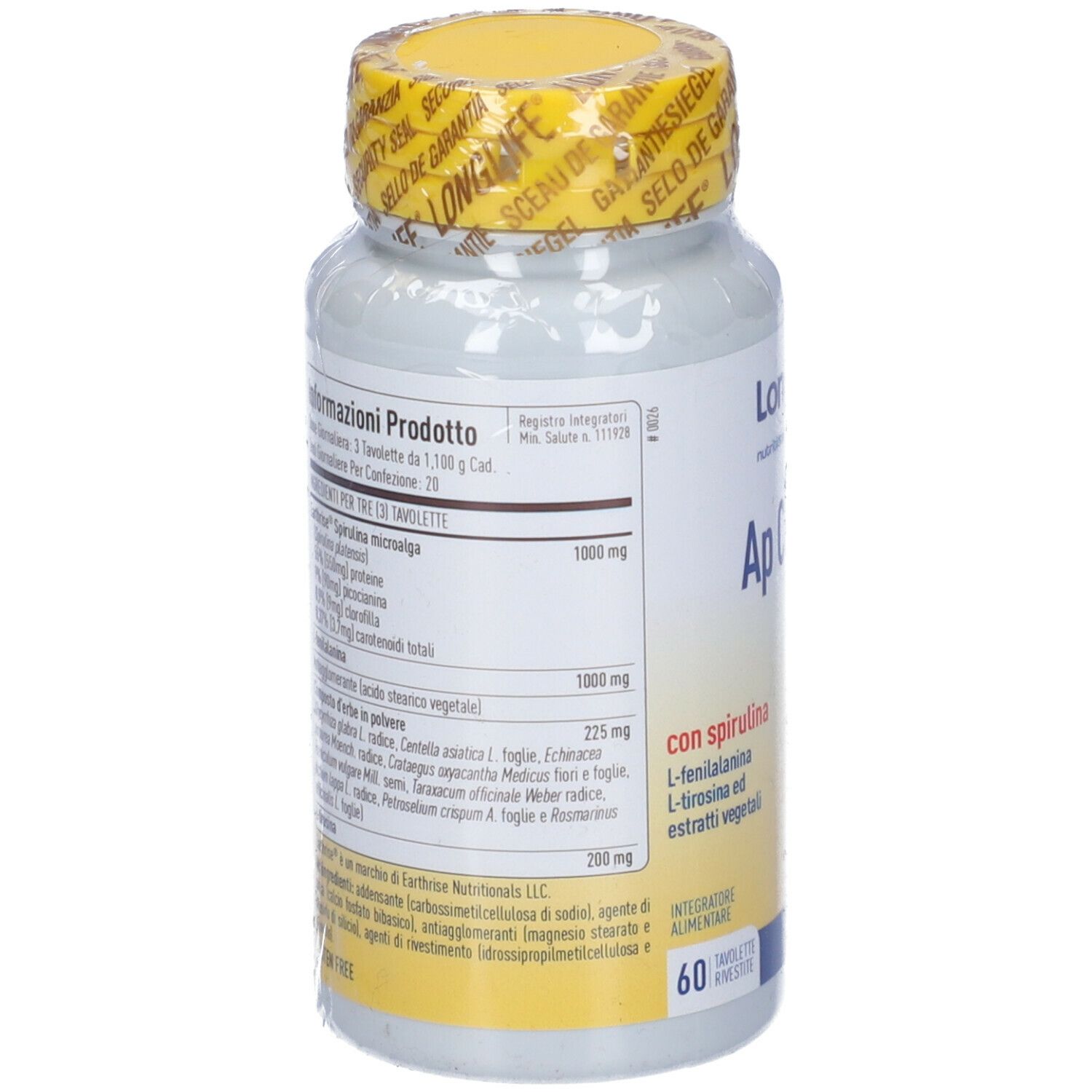 Retro del flacone di integratore. Elenco ingredienti e informazioni nutrizionali. Con sigillo.