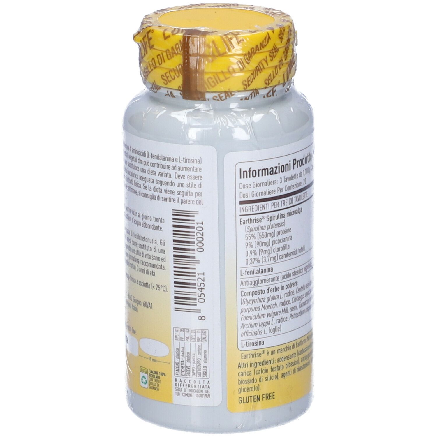 Retro del flacone di integratore. Elenco ingredienti e informazioni nutrizionali. Con sigillo.