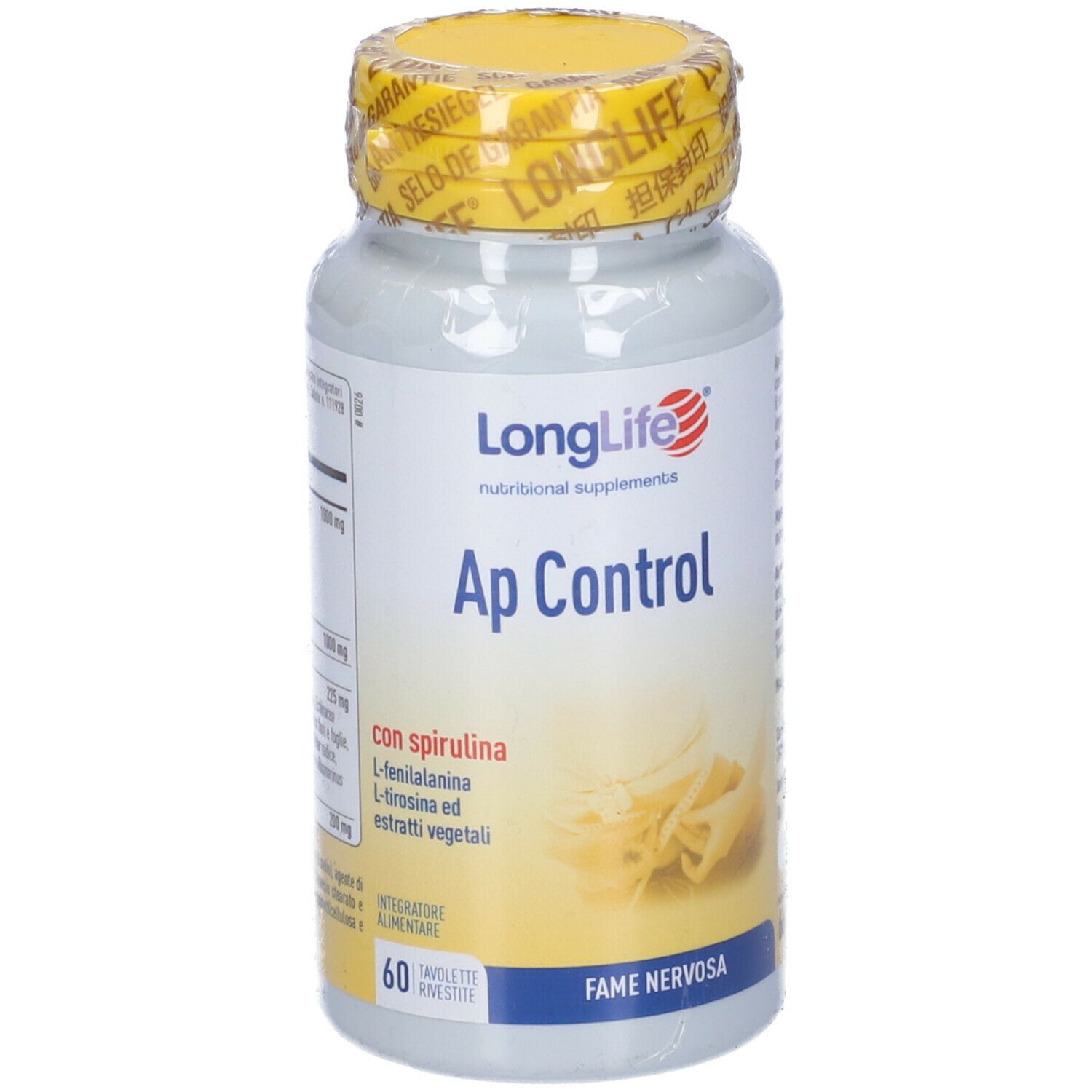 Flacone di integratore con tappo giallo. Scritta: LongLife, Ap Control, 60 compresse. Con sigillo.
