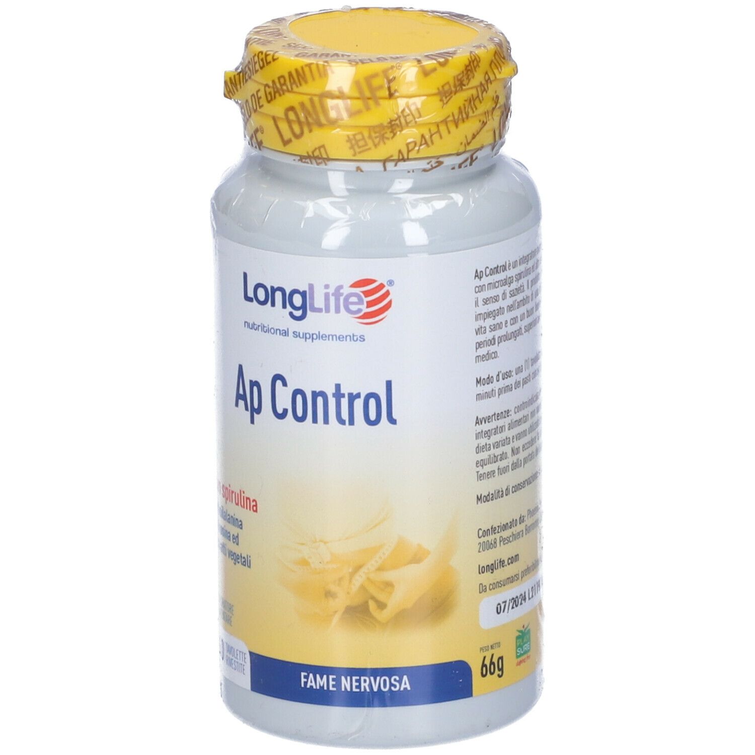 Flacone di integratore con tappo giallo. Scritta: LongLife, Ap Control, 60 compresse. Con sigillo.